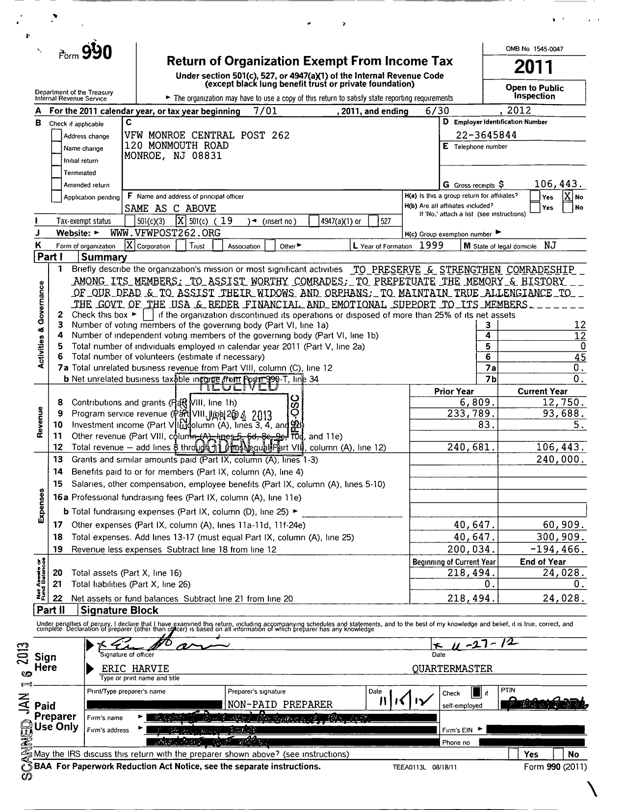 Image of first page of 2011 Form 990O for Department of New Jersey VFW - 262 Monroe-Jamesburg Post