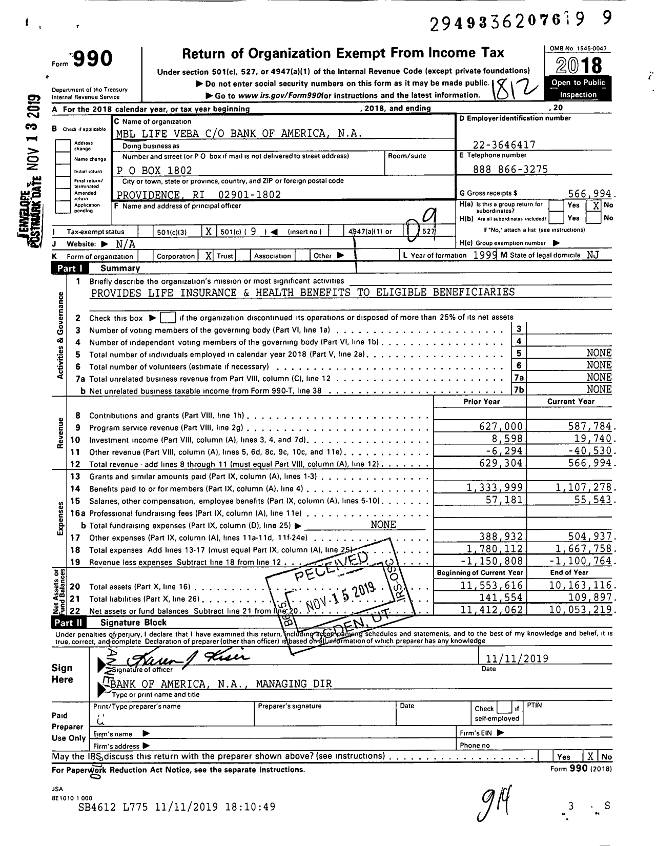 Image of first page of 2018 Form 990O for MBL Life Veba Bank of America Na