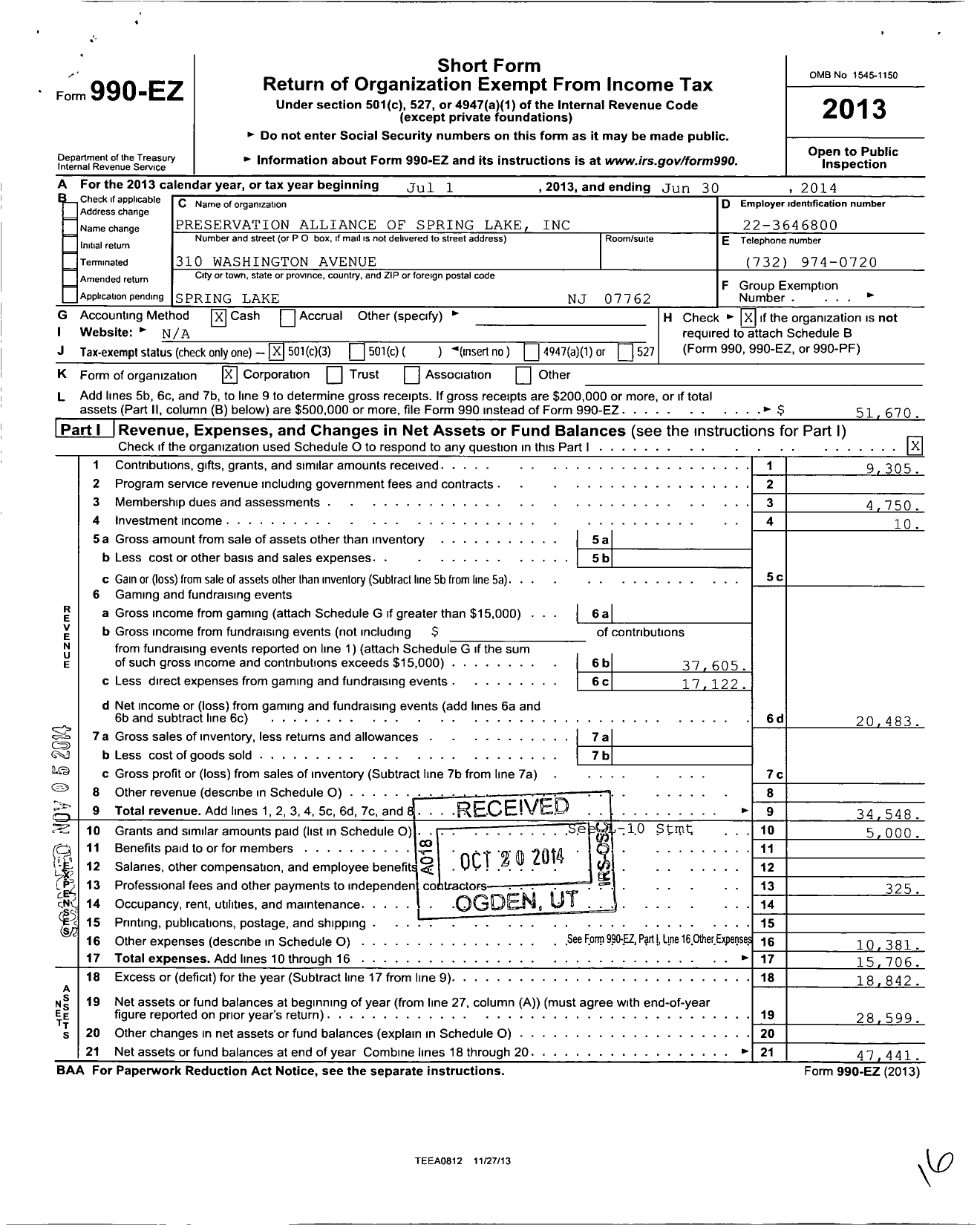 Image of first page of 2013 Form 990EZ for Preservation Alliance of Spring Lake