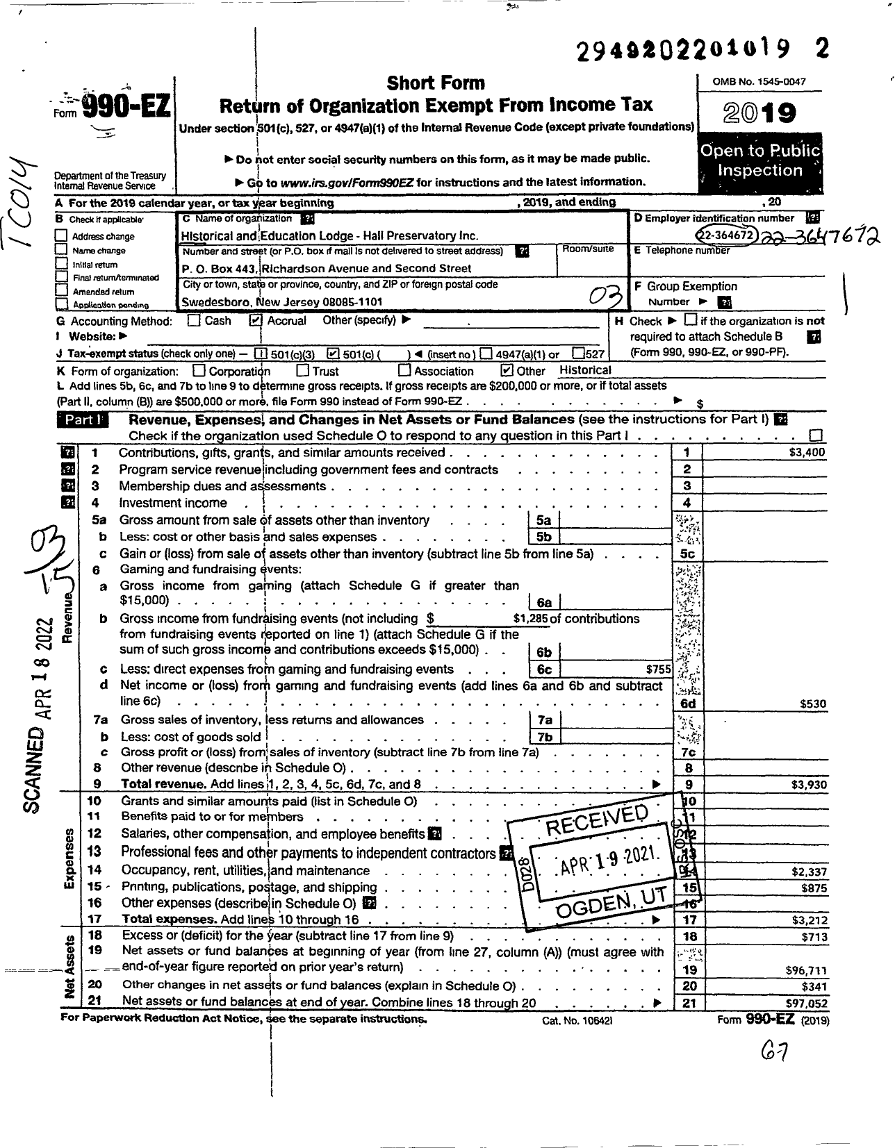 Image of first page of 2019 Form 990EZ for Historical and Education Lodge - Hall Preservatory