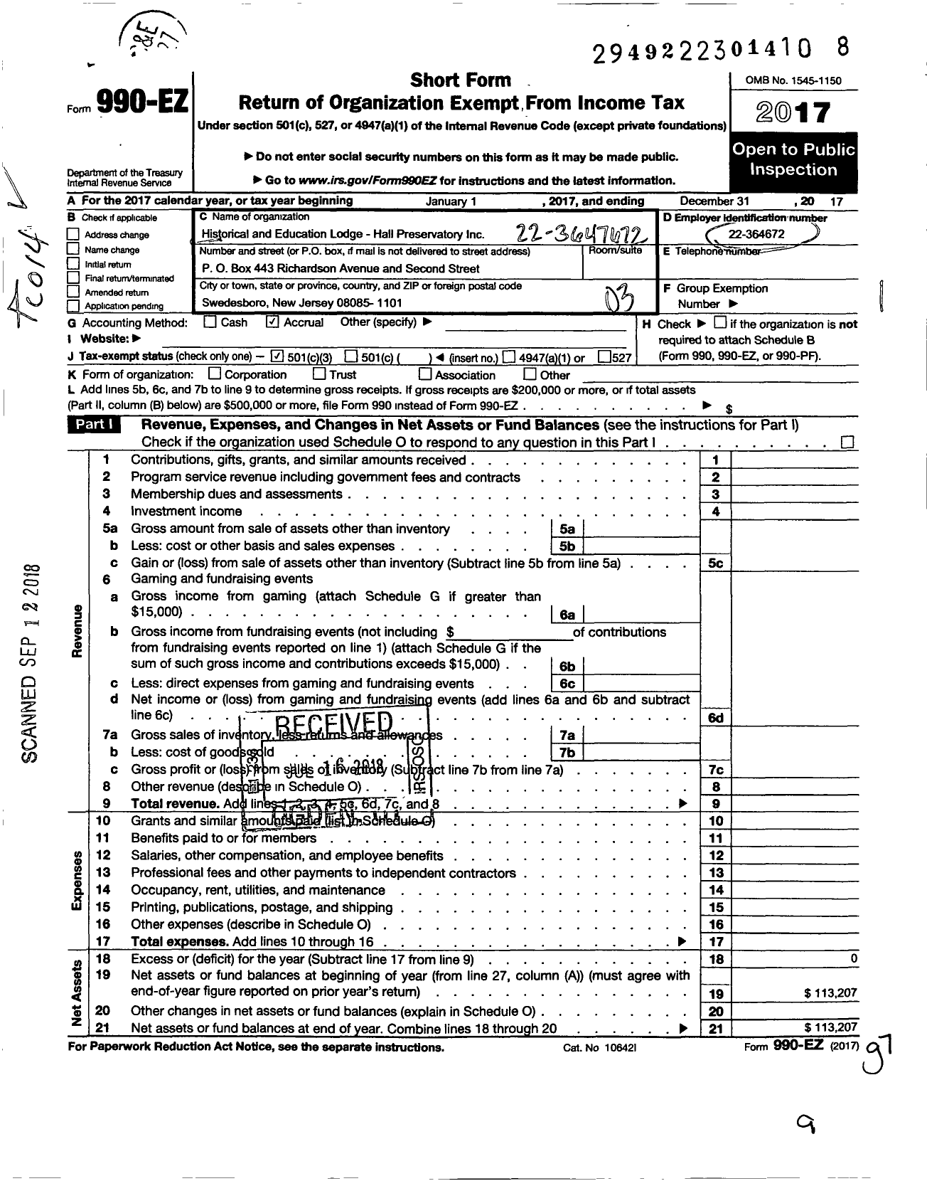Image of first page of 2017 Form 990EZ for Historical and Education Lodge - Hall Preservatory