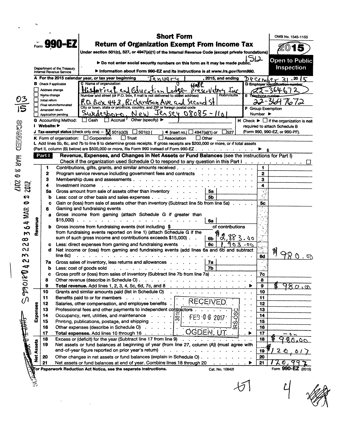 Image of first page of 2015 Form 990EZ for Historical and Education Lodge - Hall Preservatory