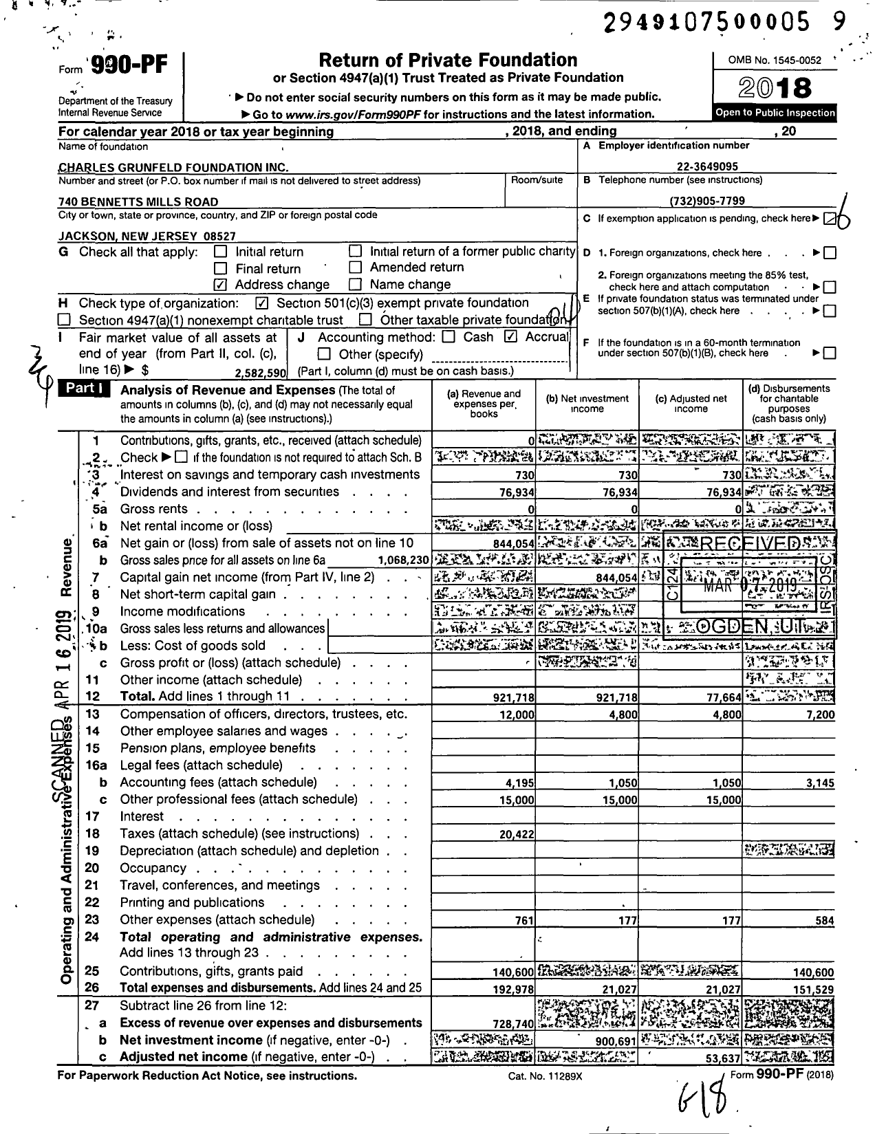 Image of first page of 2018 Form 990PF for Charles Grunfeld Foundation