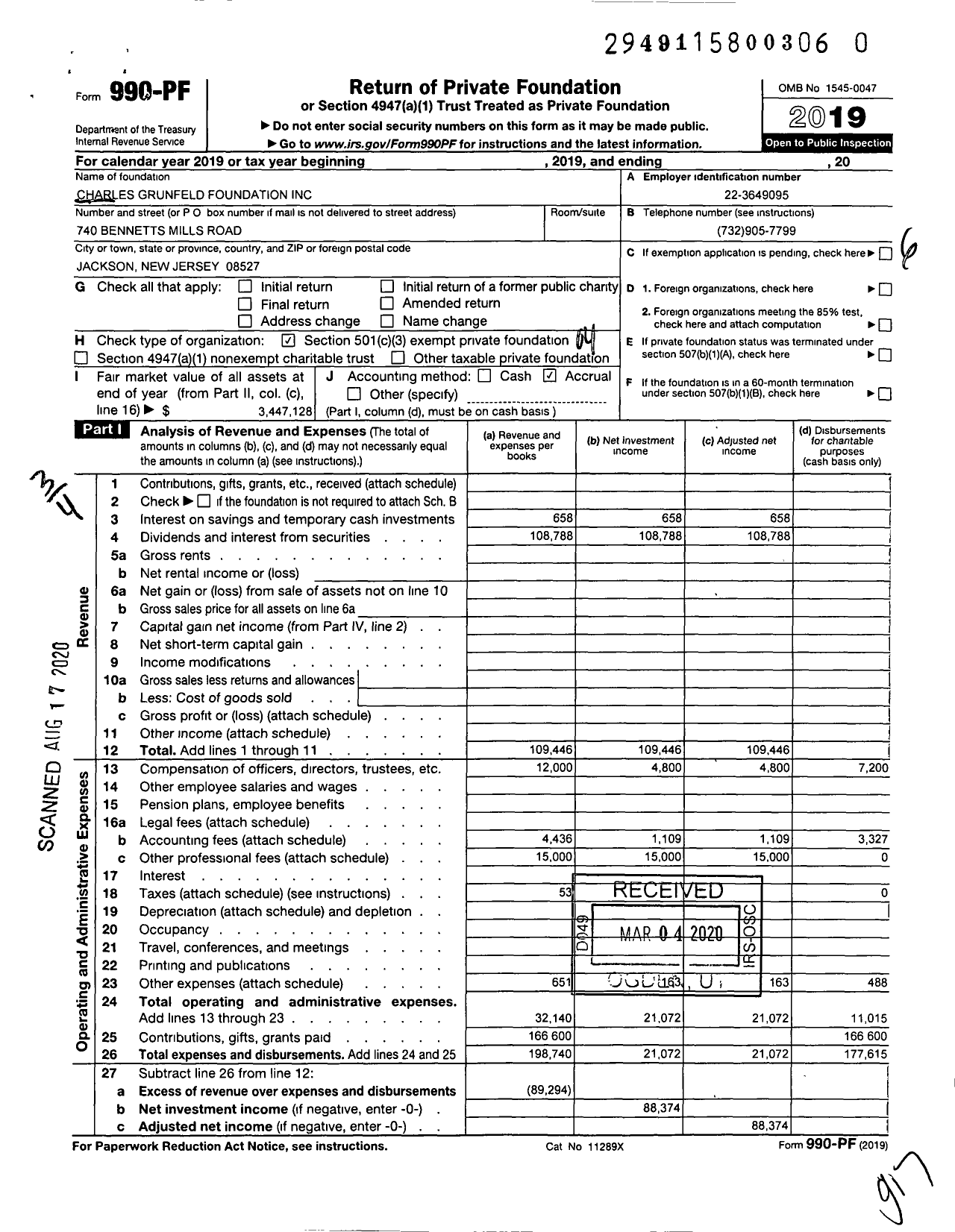 Image of first page of 2019 Form 990PR for Charles Grunfeld Foundation