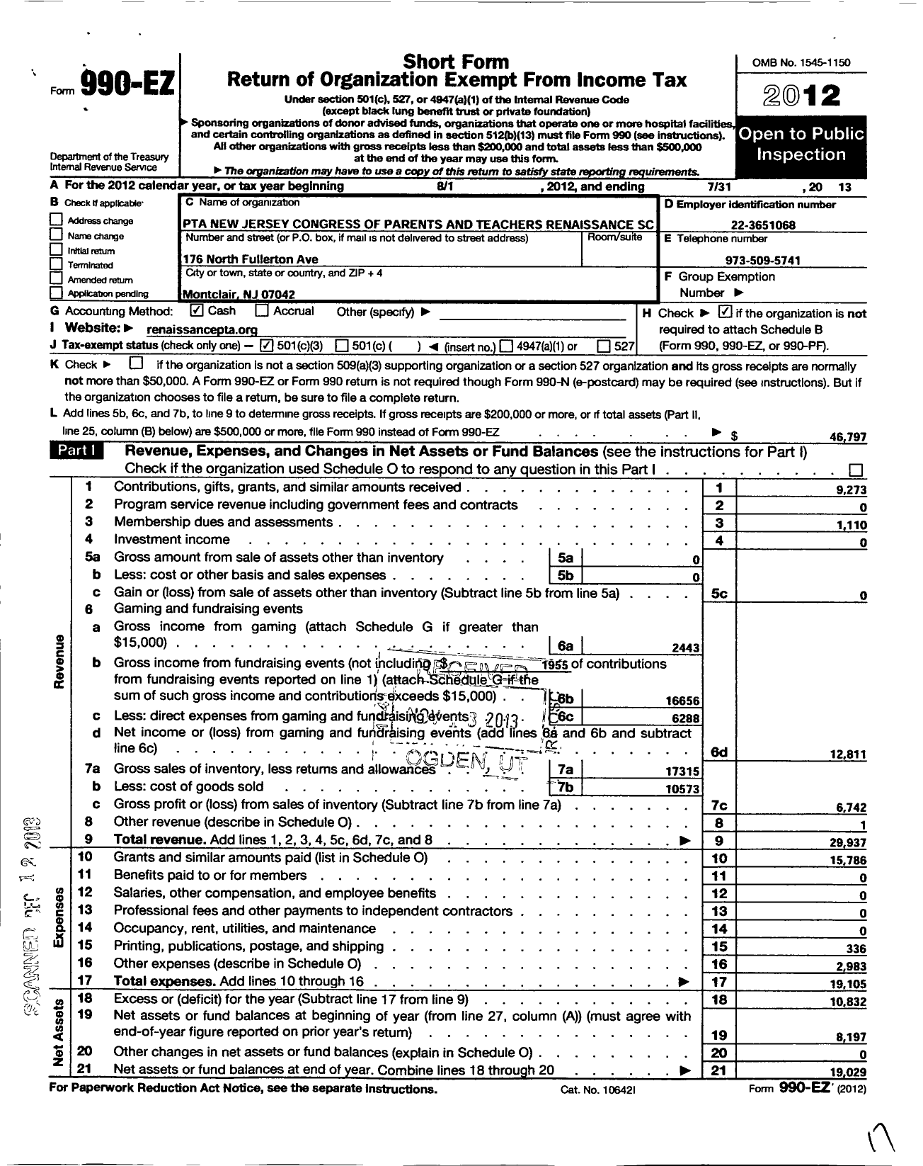 Image of first page of 2012 Form 990EZ for New Jersey PTA - 239752 Renaissance SCH PTA