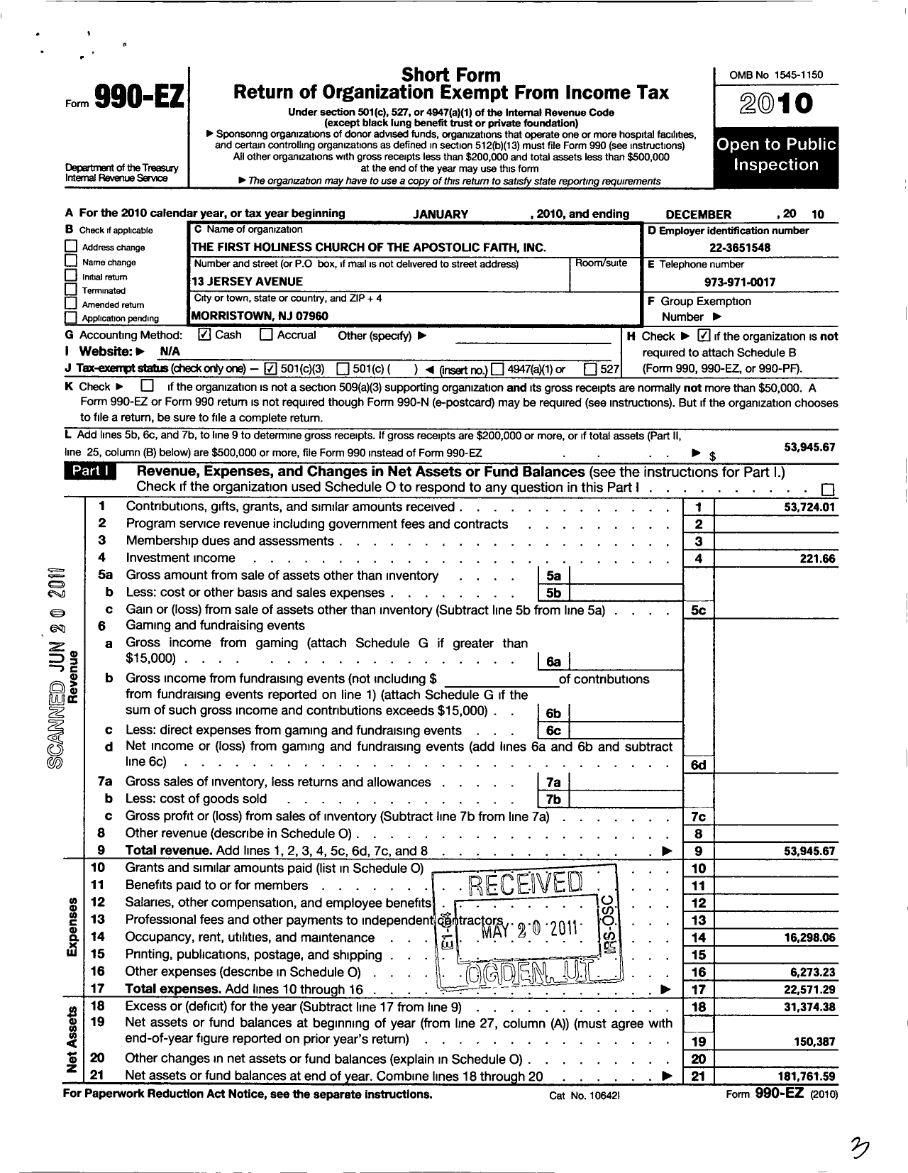 Image of first page of 2010 Form 990EZ for First Holiness Church of the Apostolic Faith