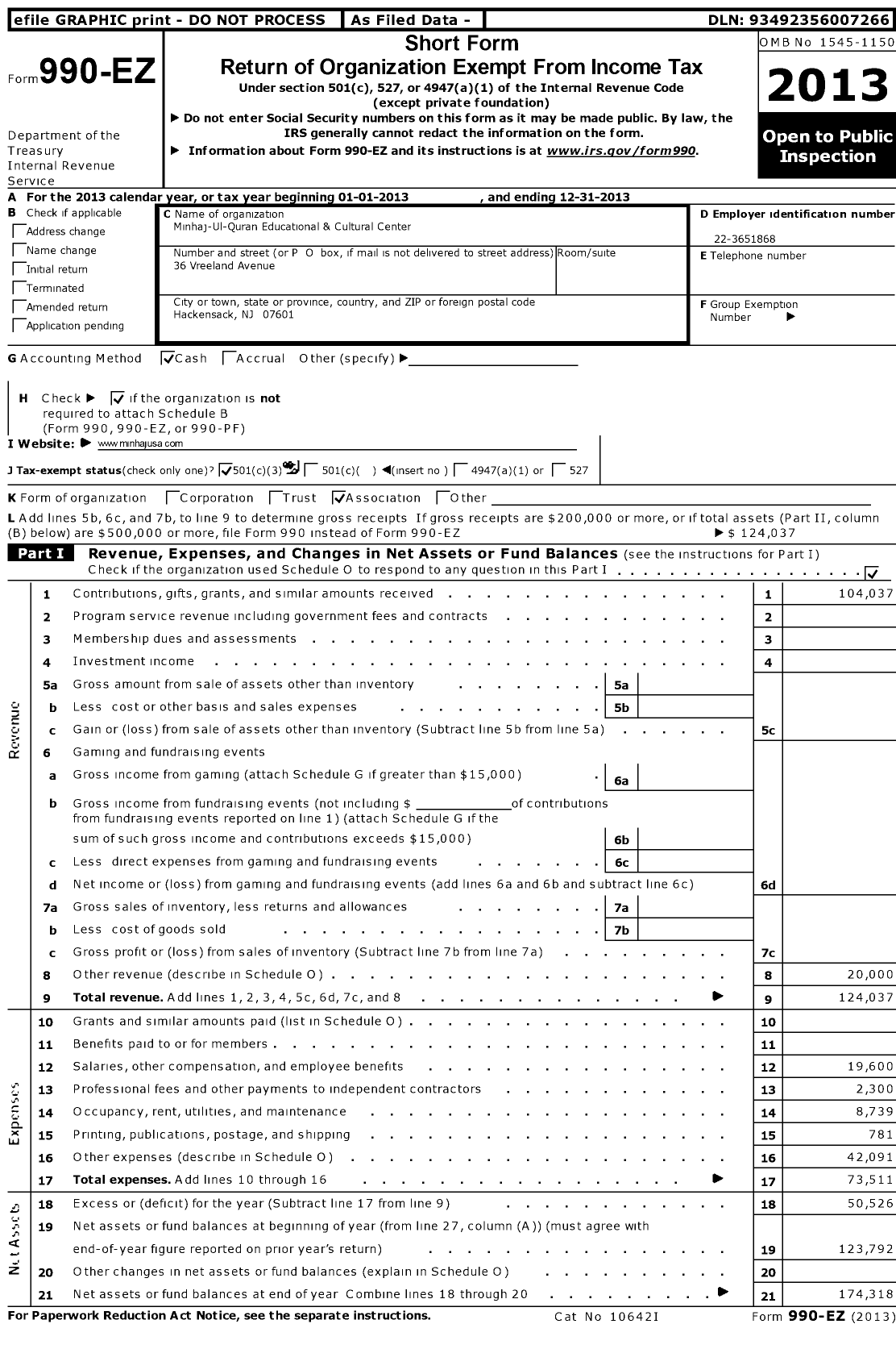 Image of first page of 2013 Form 990EZ for Minhaj-Ul-Quran Educational & Cultural Center