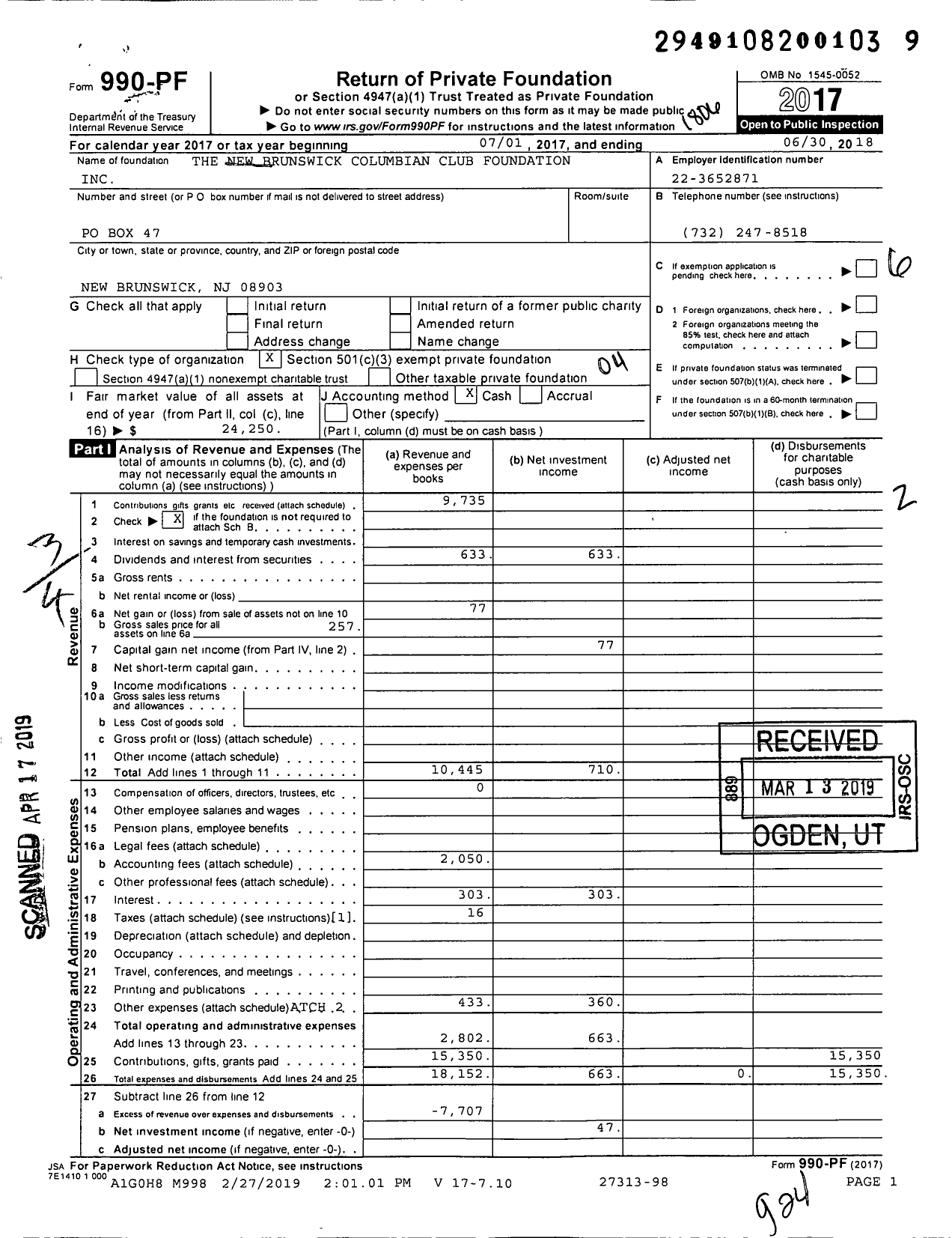 Image of first page of 2017 Form 990PF for The New Brunswick Columbian Club Foundation