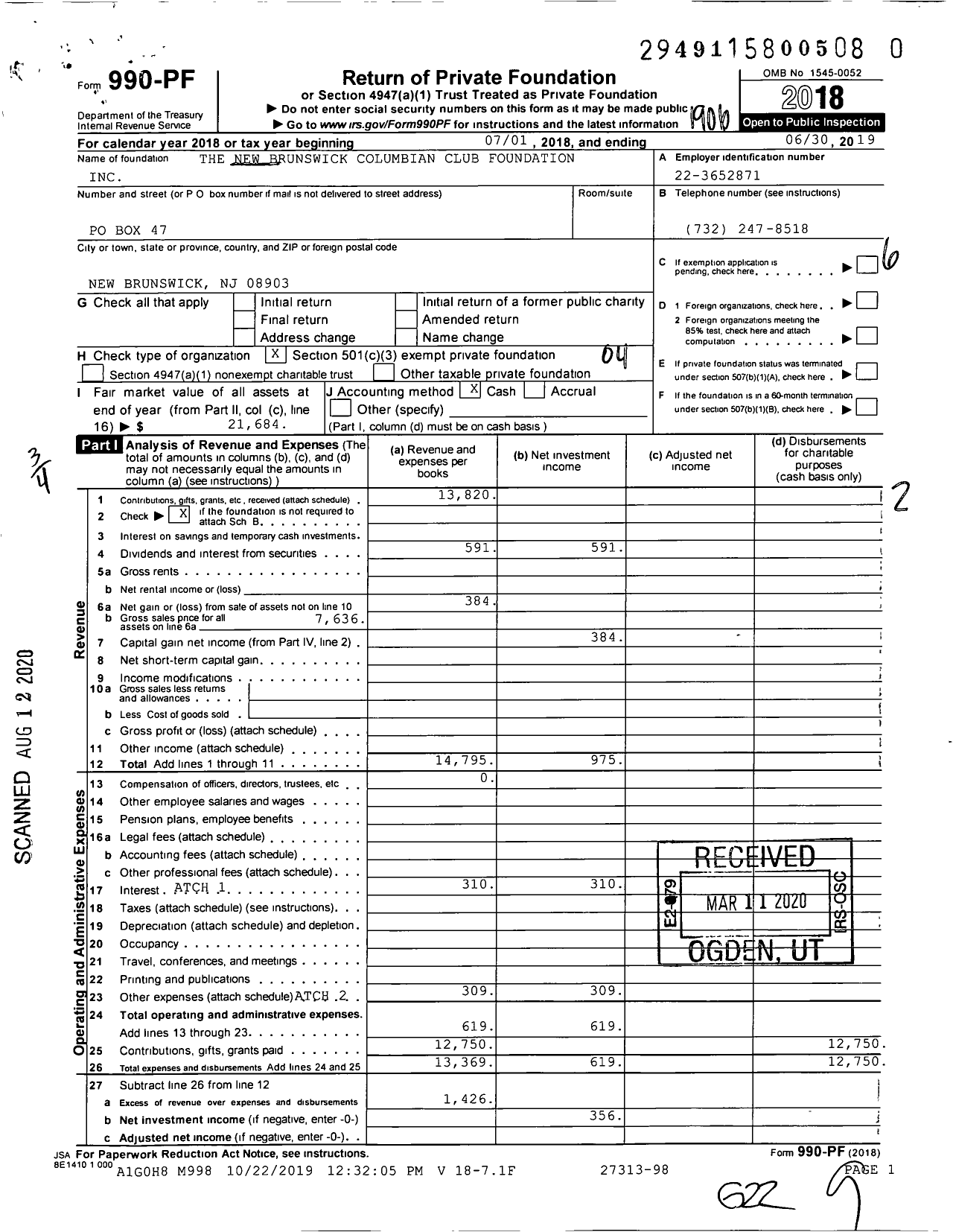 Image of first page of 2018 Form 990PR for The New Brunswick Columbian Club Foundation