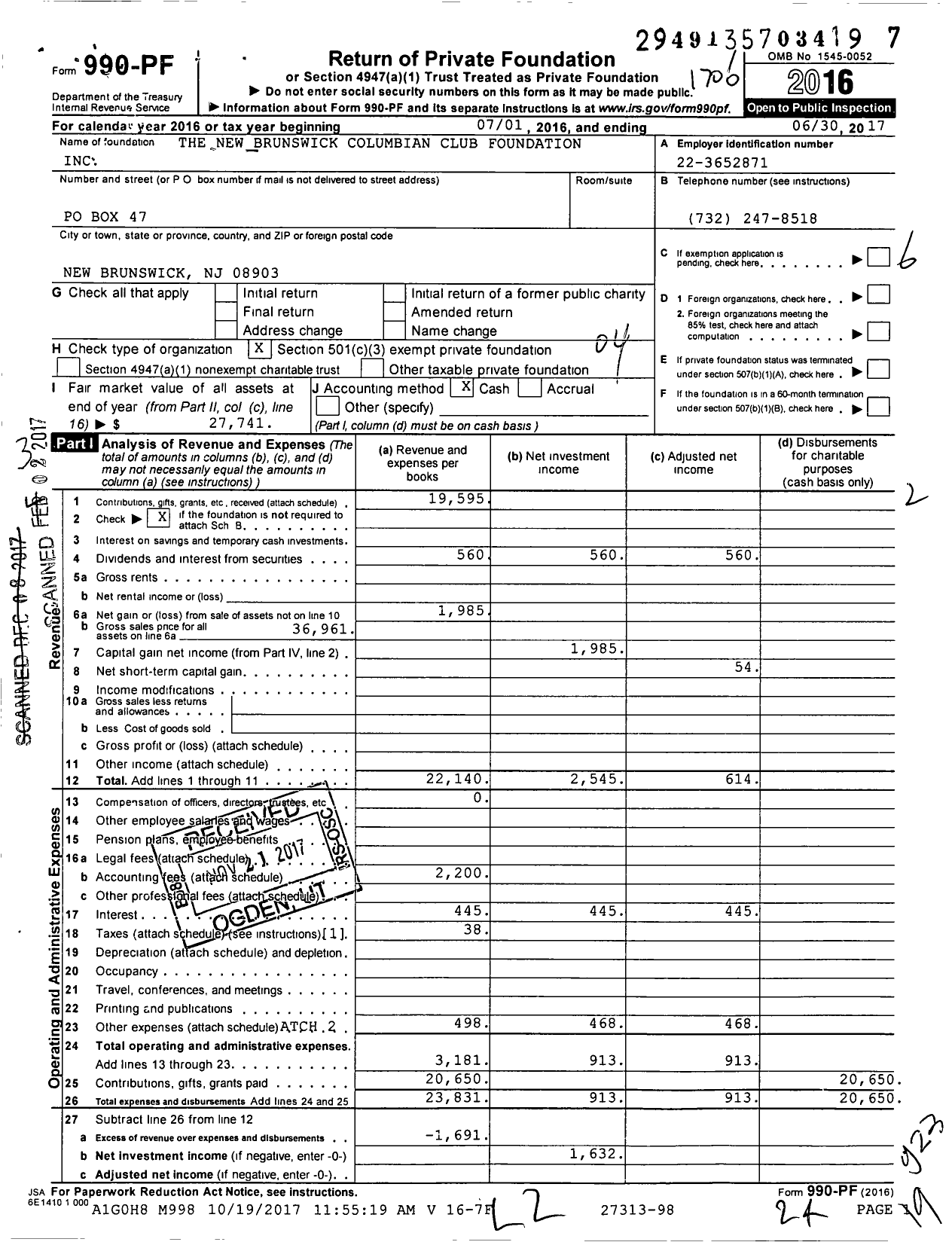 Image of first page of 2016 Form 990PF for The New Brunswick Columbian Club Foundation