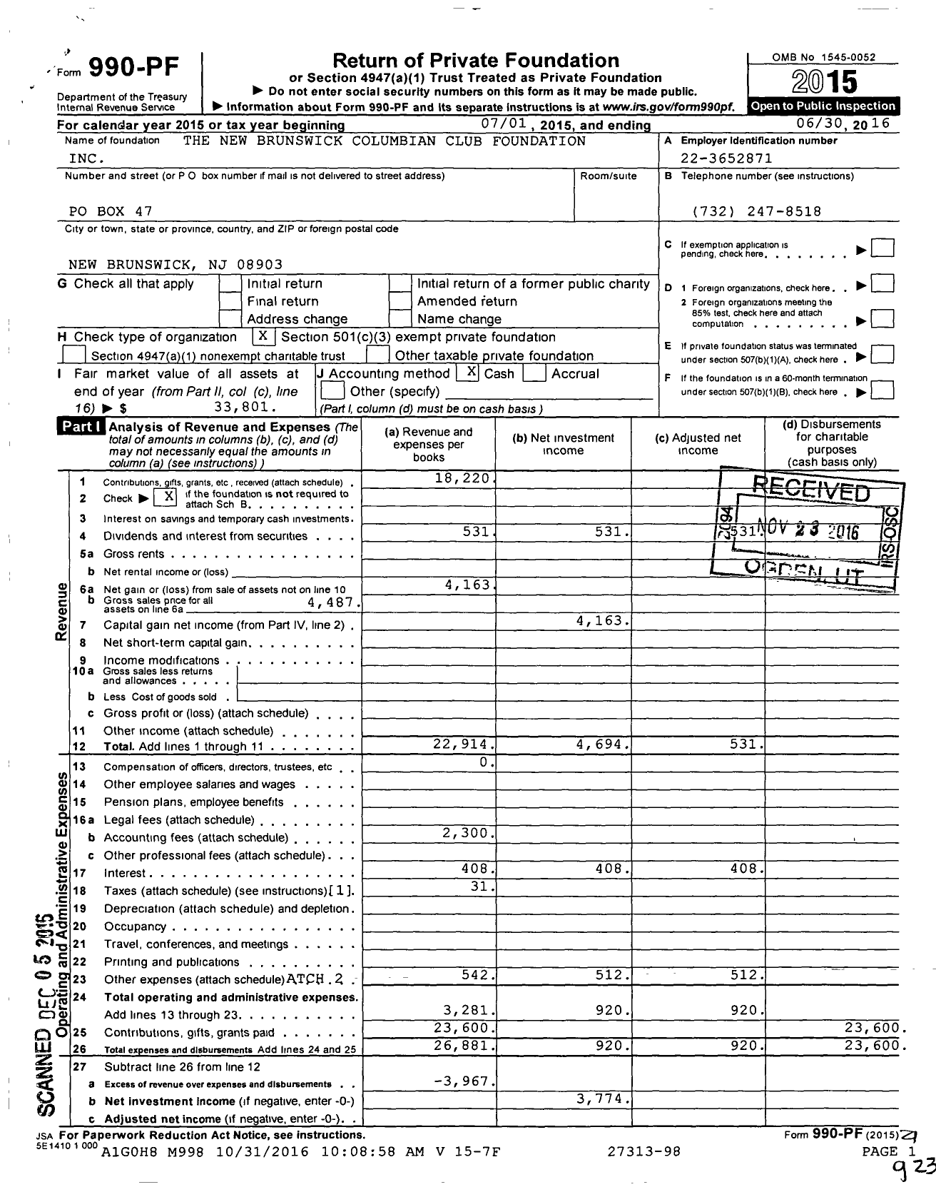 Image of first page of 2015 Form 990PF for The New Brunswick Columbian Club Foundation