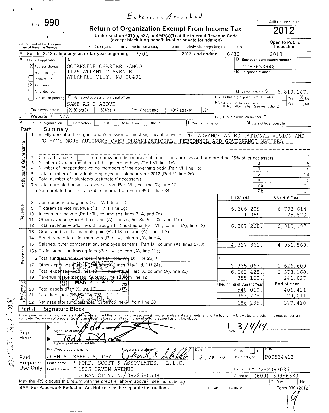 Image of first page of 2012 Form 990 for Oceanside Charter School
