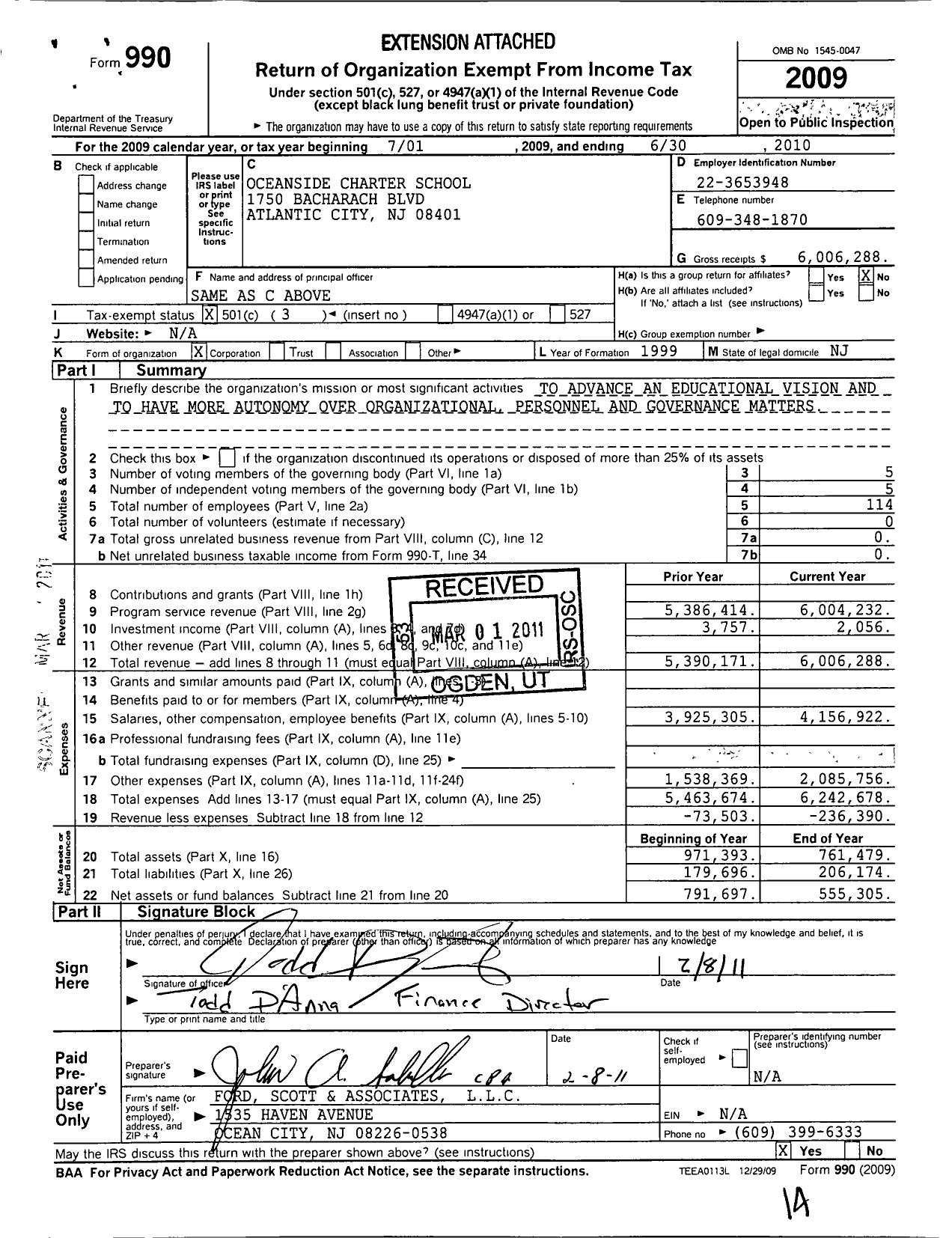 Image of first page of 2009 Form 990 for Oceanside Charter School