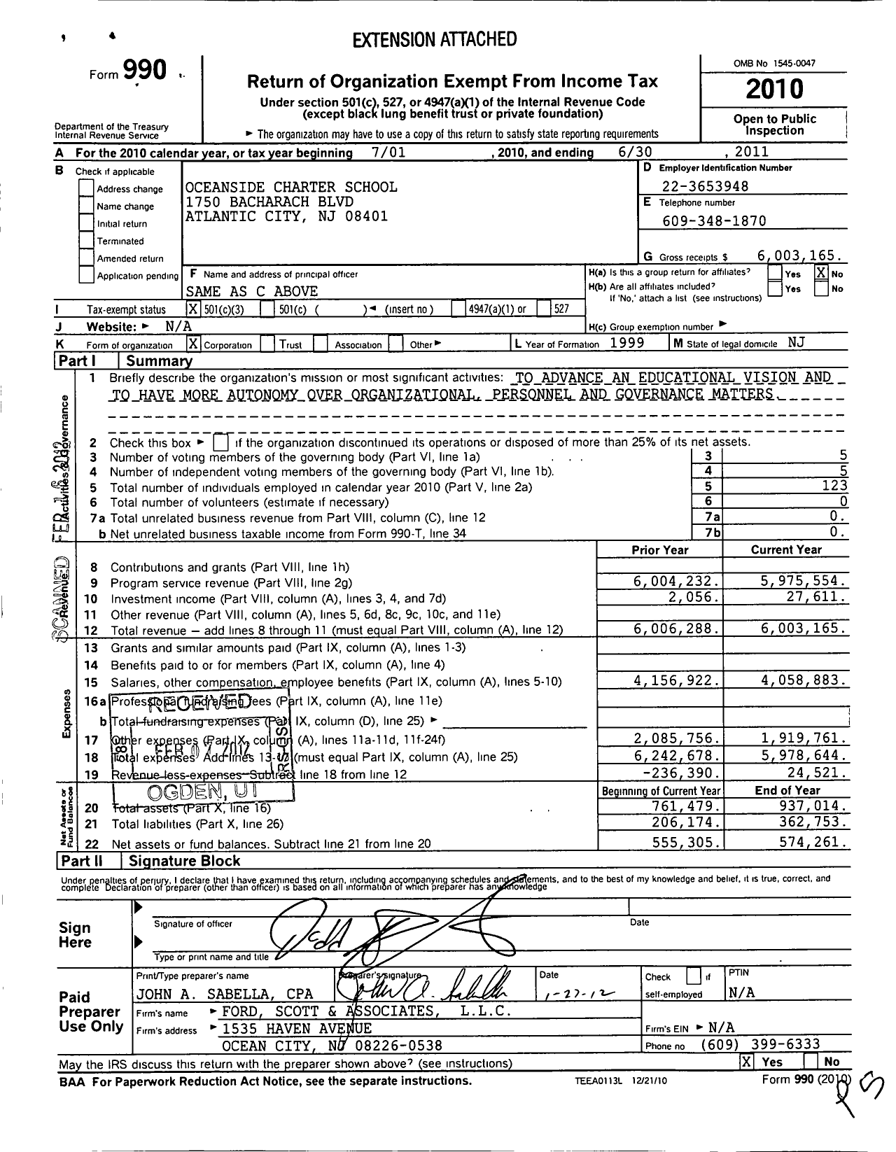 Image of first page of 2010 Form 990 for Oceanside Charter School