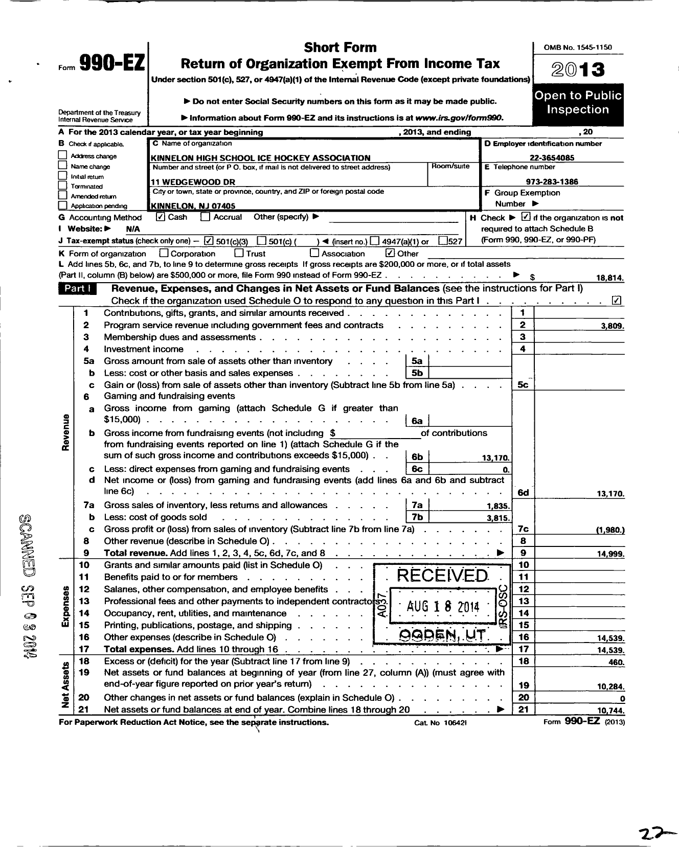 Image of first page of 2013 Form 990EZ for Kinnelon High School Ice Hockey Association