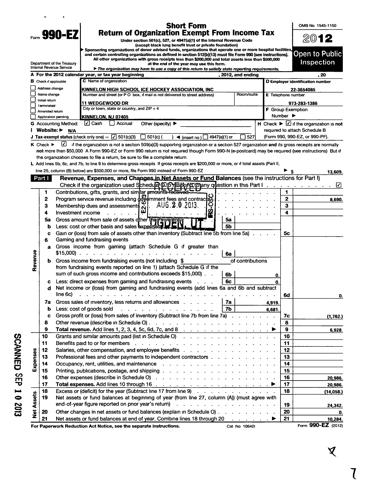 Image of first page of 2012 Form 990EZ for Kinnelon High School Ice Hockey Association