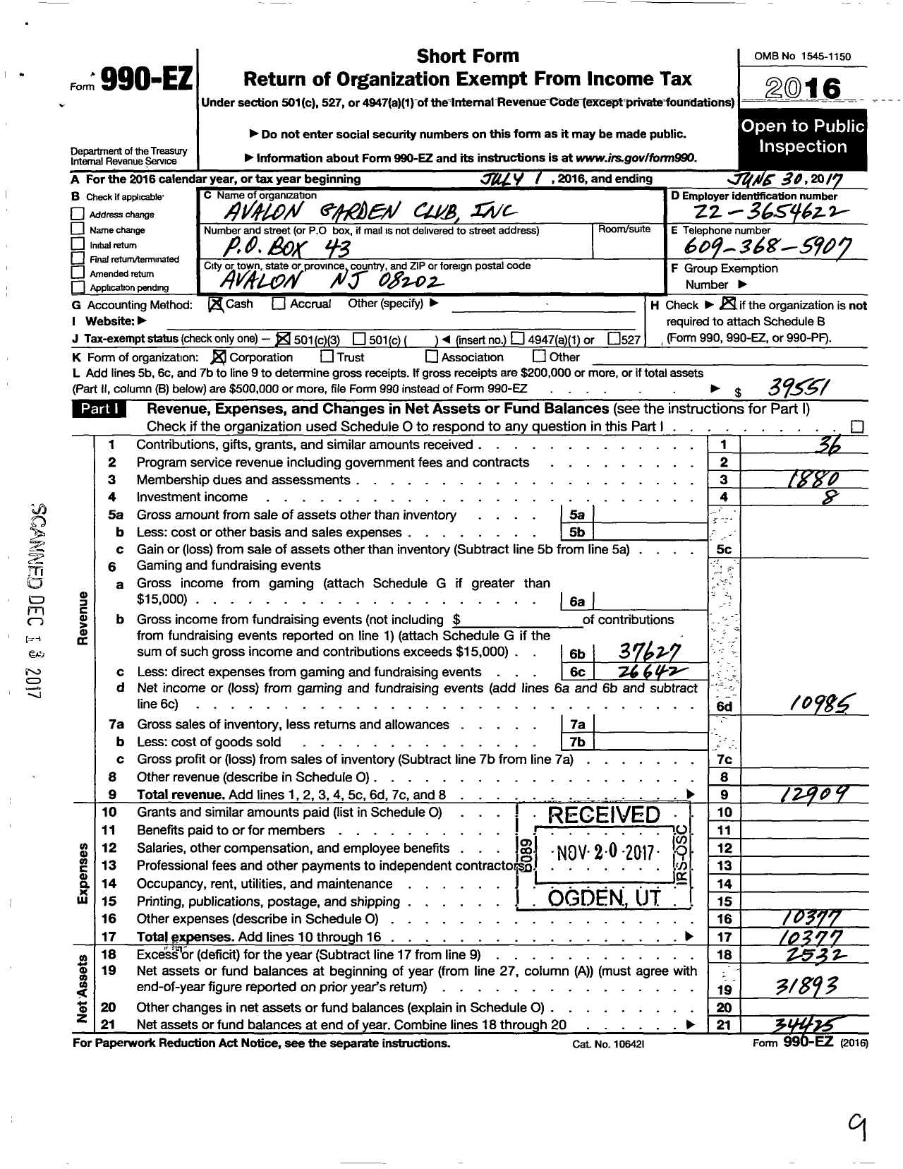 Image of first page of 2016 Form 990EZ for Avalon Garden Club