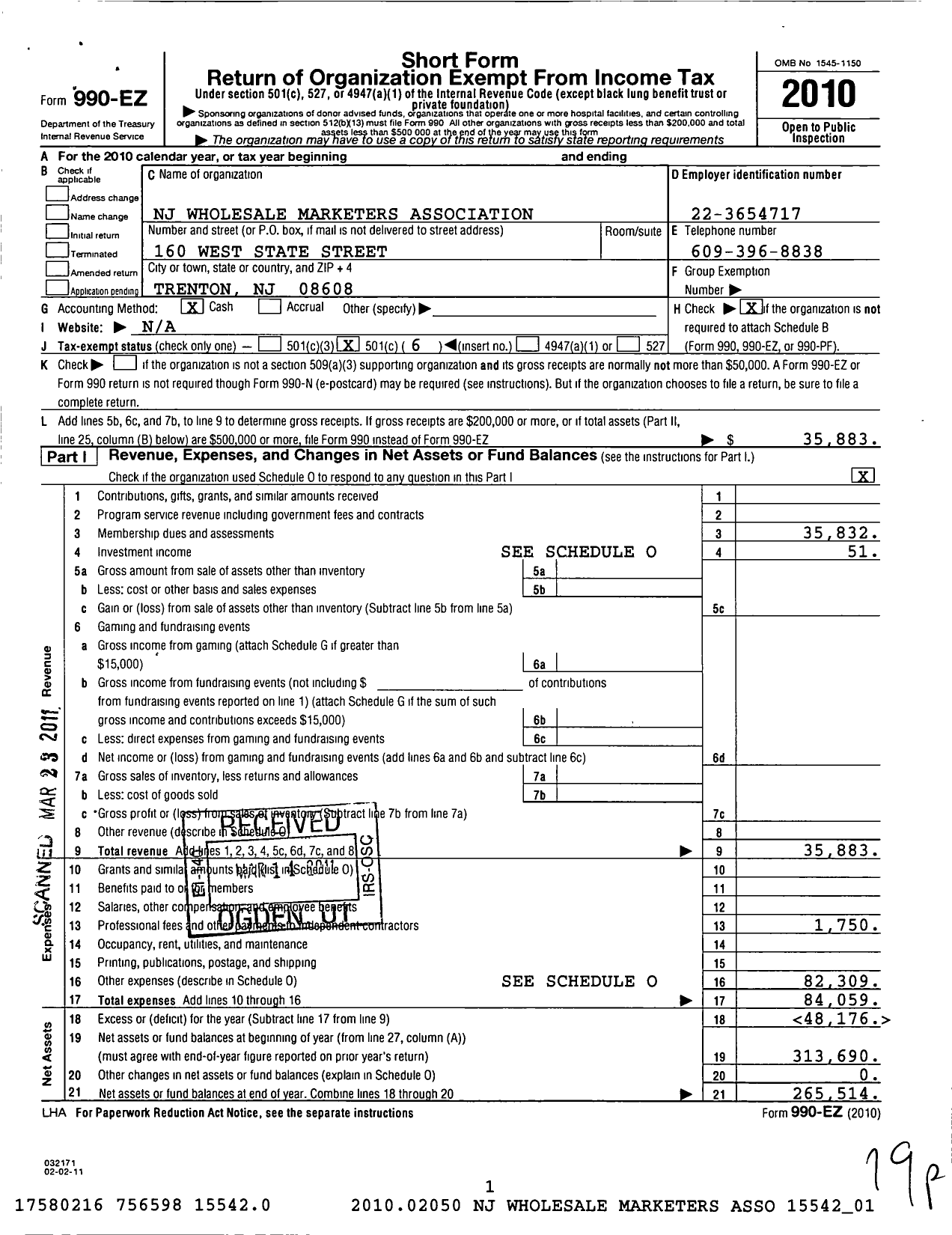 Image of first page of 2010 Form 990EO for New Jersey Wholesale Marketers Association