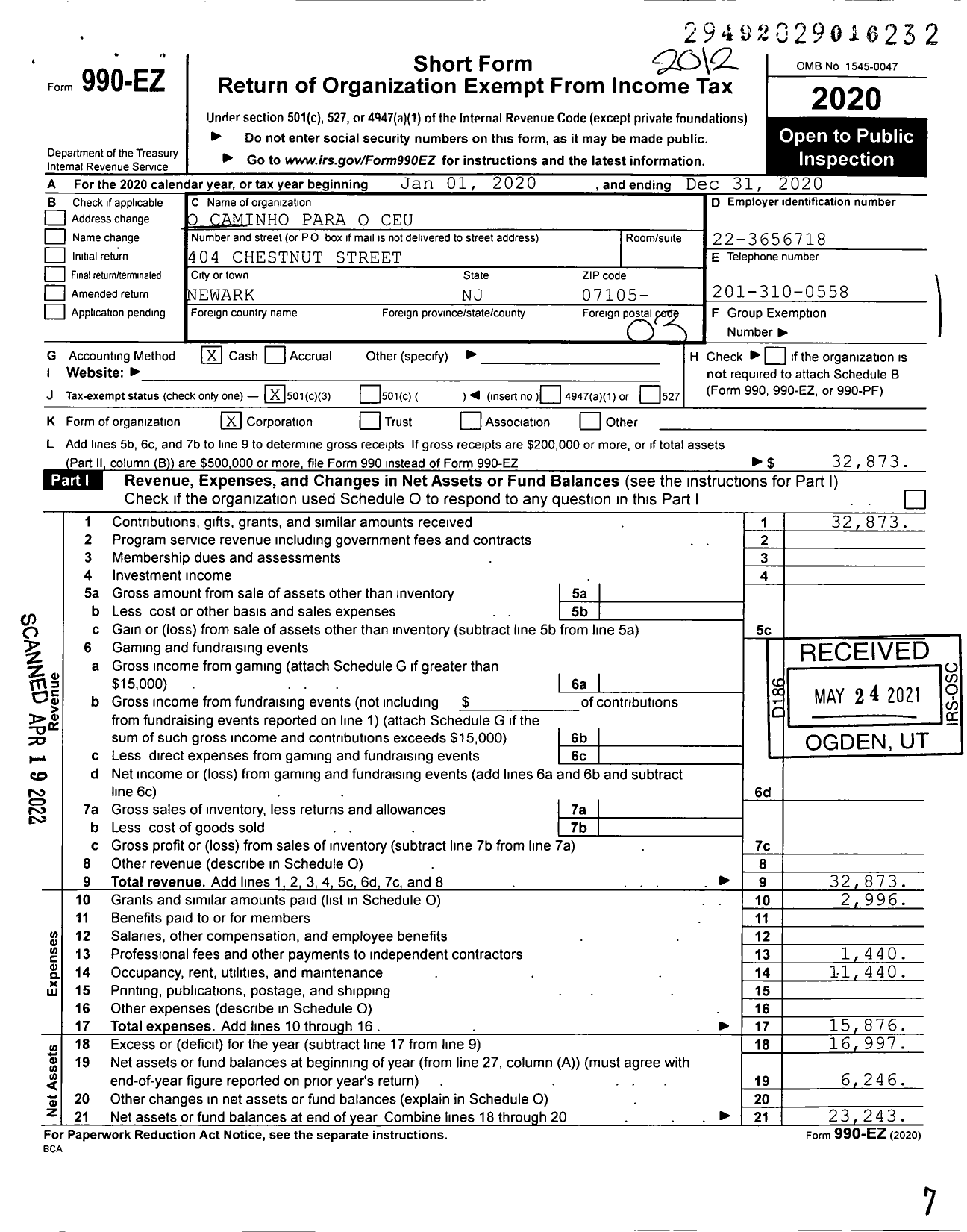 Image of first page of 2020 Form 990EZ for O Caminho Para O Ceu