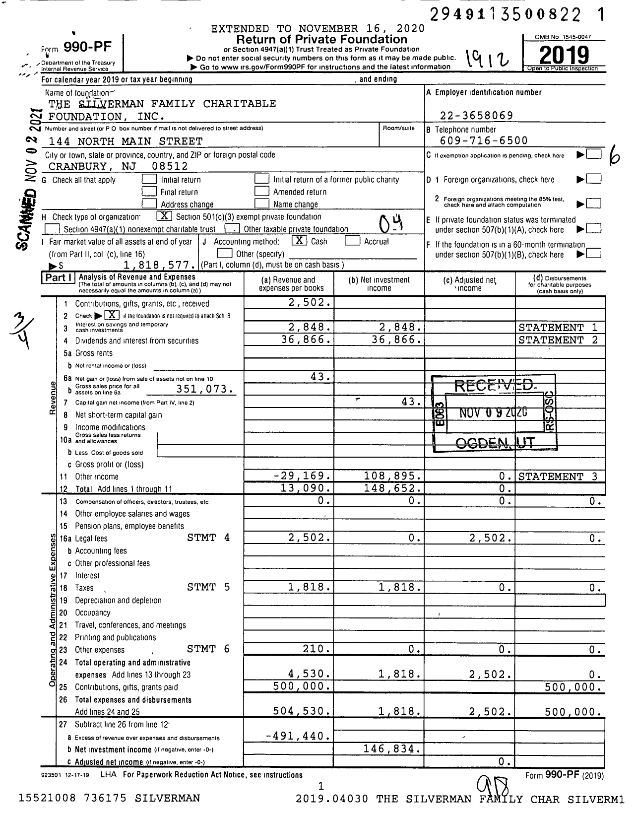 Image of first page of 2019 Form 990PF for The Silverman Family Charitable Foundation