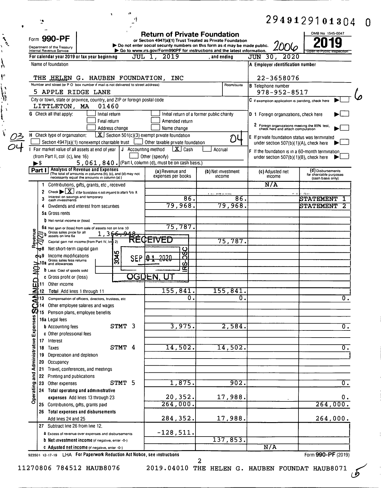 Image of first page of 2019 Form 990PF for The Helen G Hauben Foundation