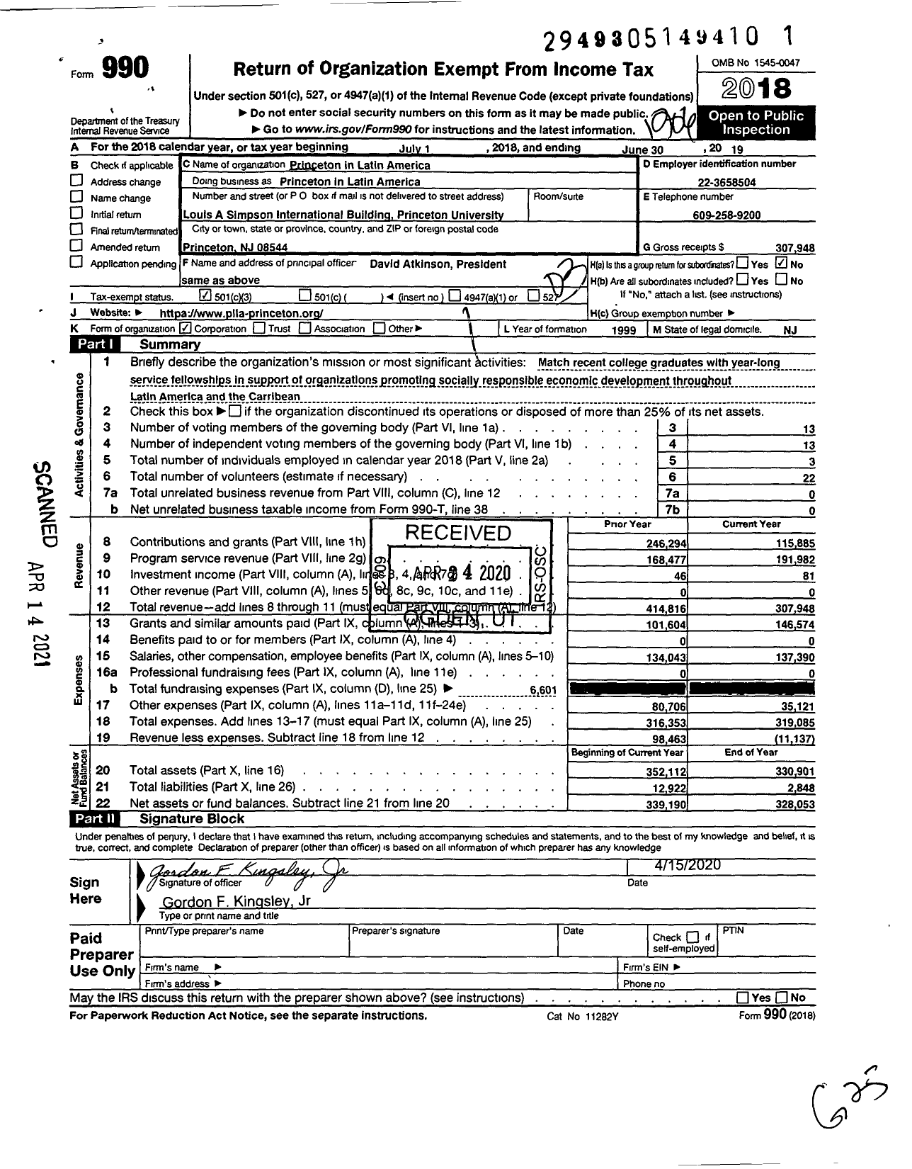 Image of first page of 2018 Form 990 for Princeton in Latin America