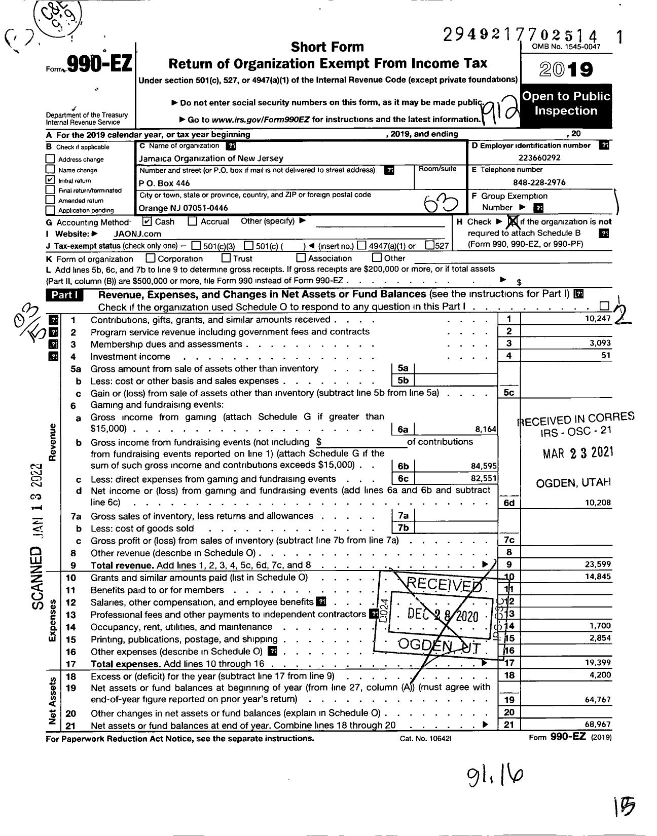 Image of first page of 2019 Form 990EZ for Jamaica Organization of New Jersey