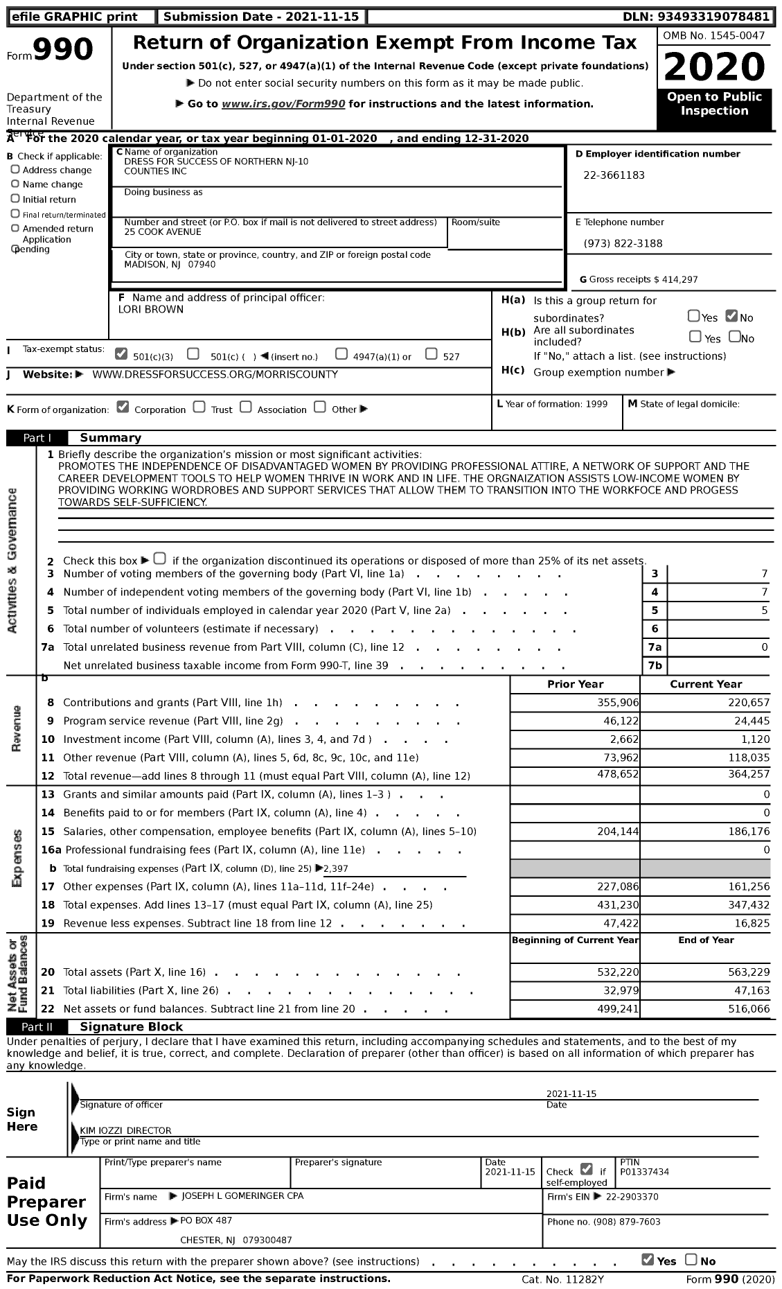 Image of first page of 2020 Form 990 for Dress for Success Northern NJ-10 Counties