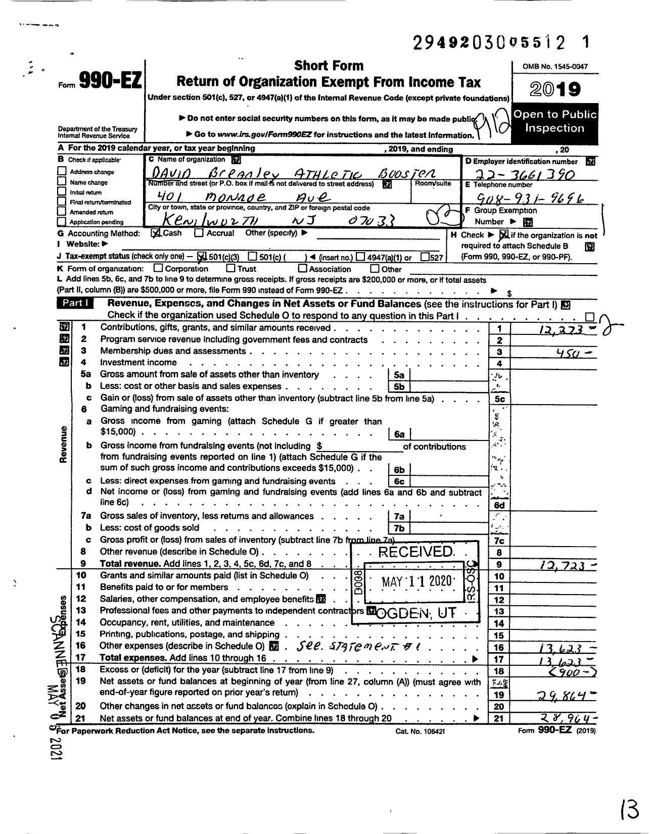 Image of first page of 2019 Form 990EZ for David Brearley Athletic Booster Club