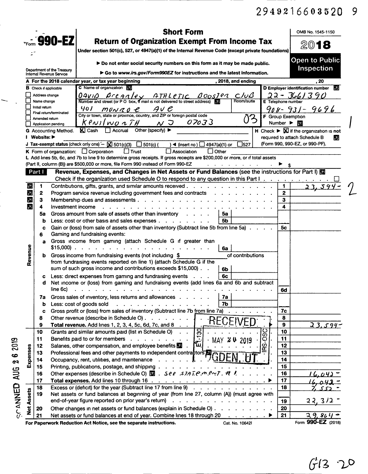 Image of first page of 2018 Form 990EZ for David Brearley Athletic Booster Club