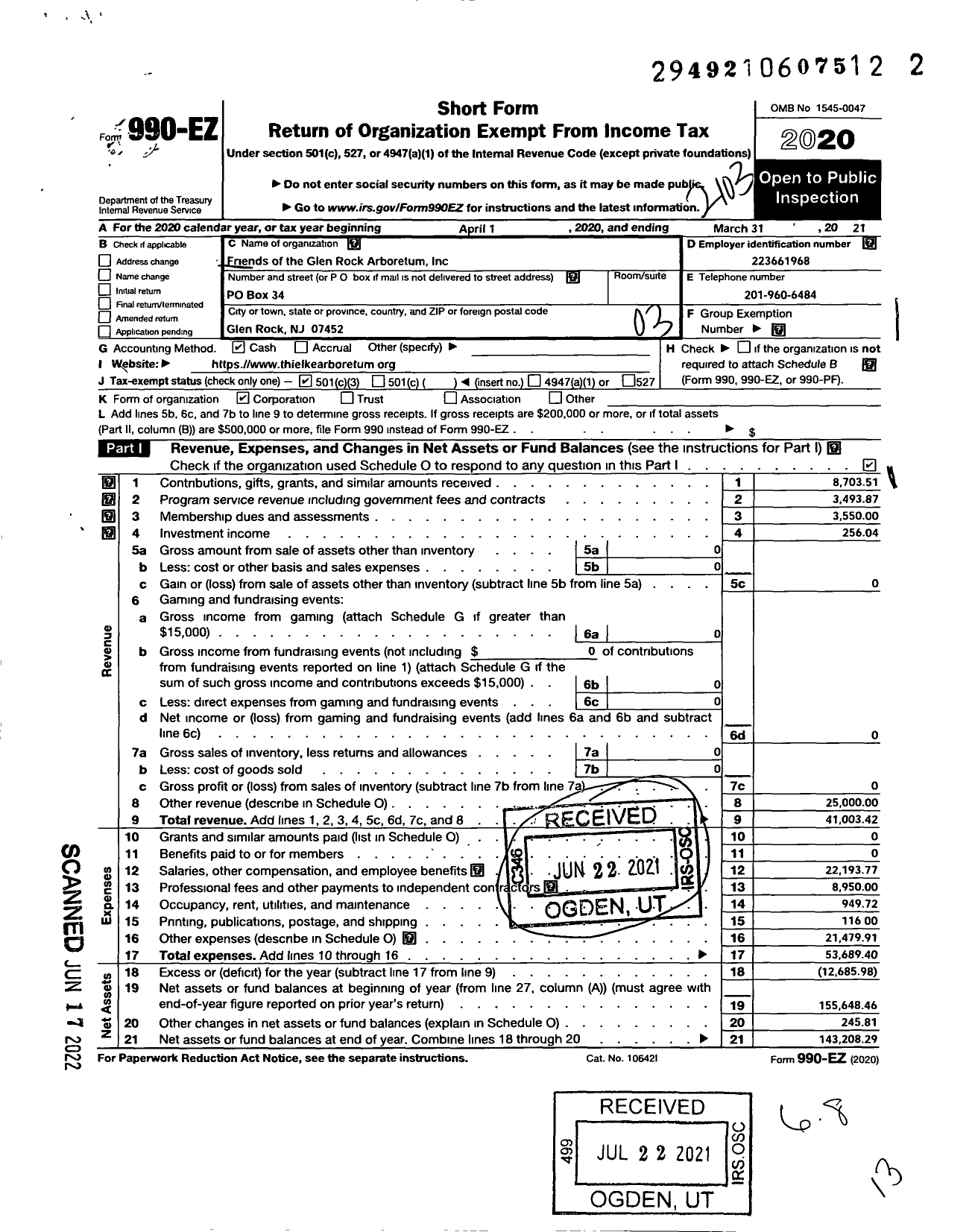 Image of first page of 2020 Form 990EZ for Friends of the Glen Rock Arboreturm