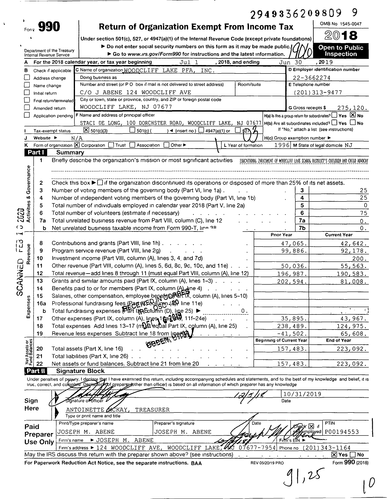 Image of first page of 2018 Form 990 for Woodcliff Lake Pfa