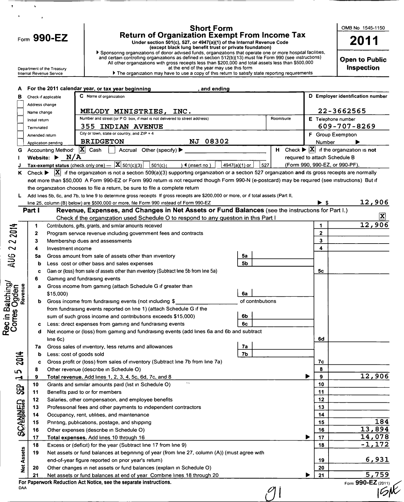 Image of first page of 2011 Form 990EZ for Melody Ministries