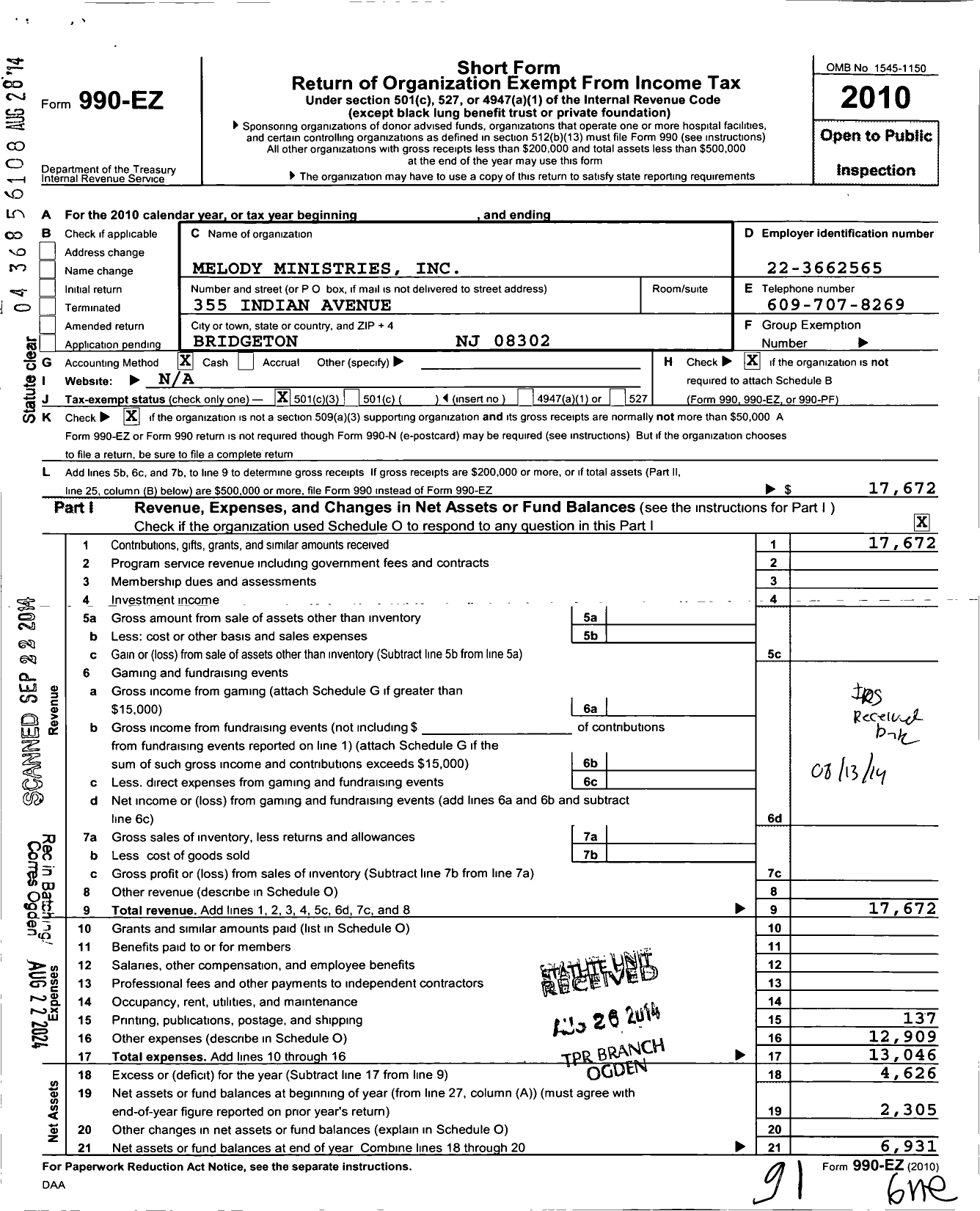 Image of first page of 2010 Form 990EZ for Melody Ministries