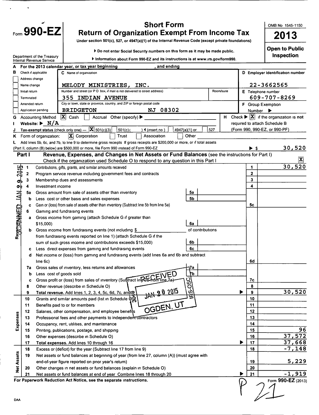 Image of first page of 2013 Form 990EZ for Melody Ministries