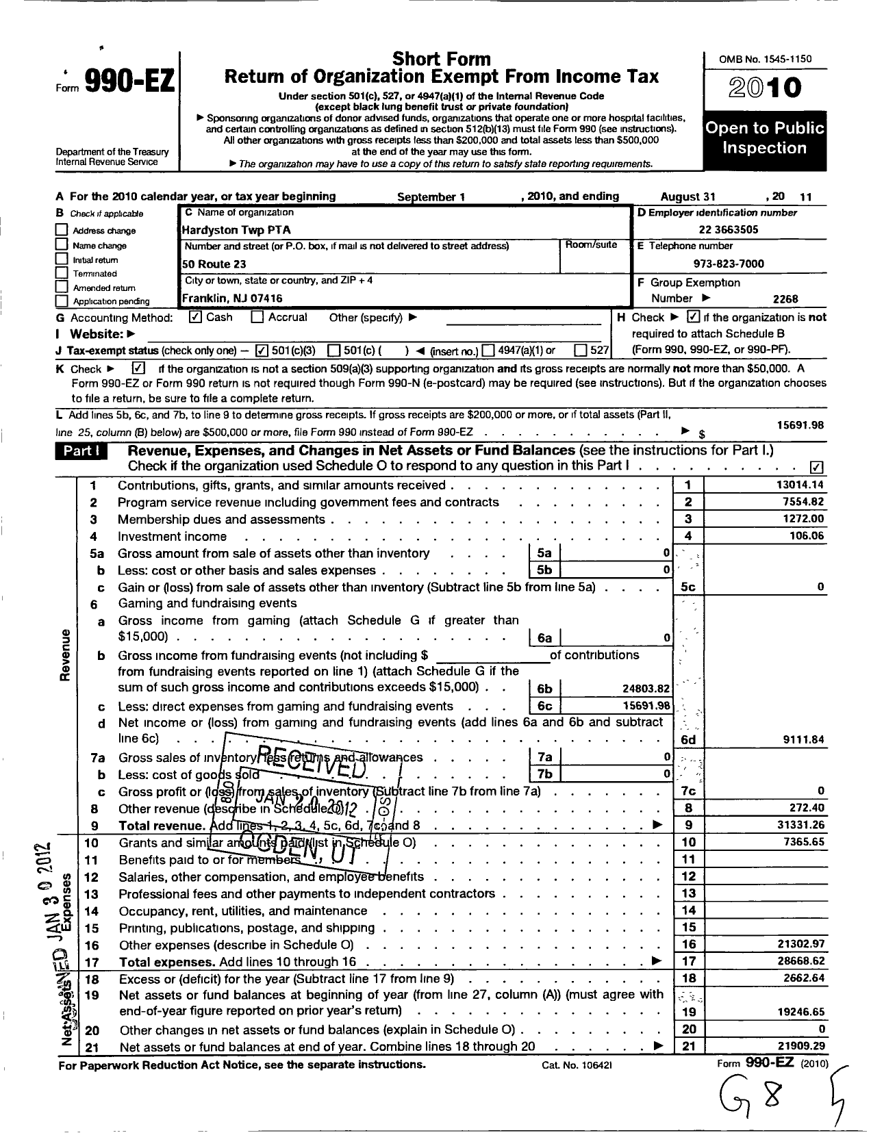 Image of first page of 2010 Form 990EZ for New Jersey PTA - 18749 Hardyston TWP PTA