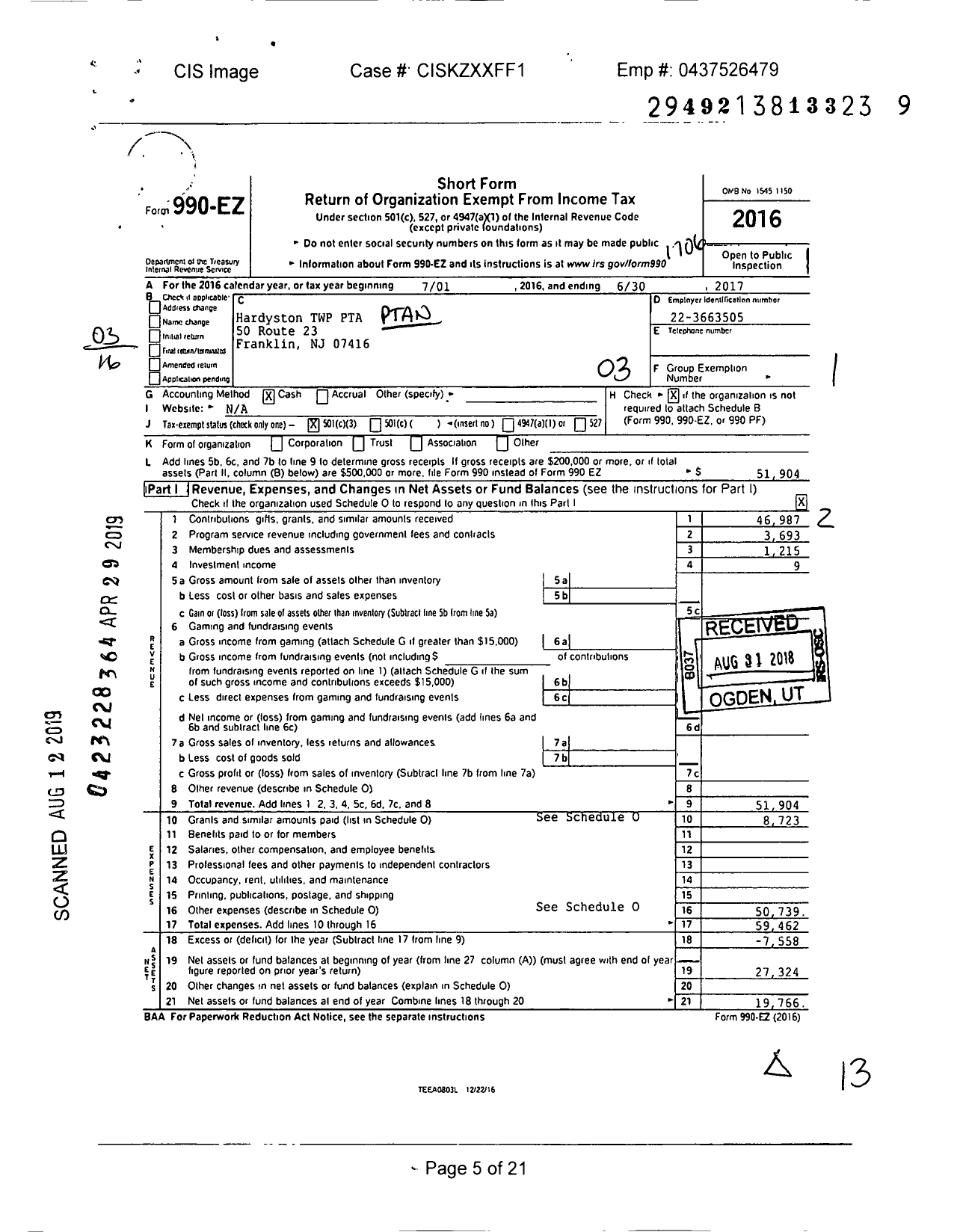 Image of first page of 2016 Form 990EZ for New Jersey PTA - 18749 Hardyston TWP PTA