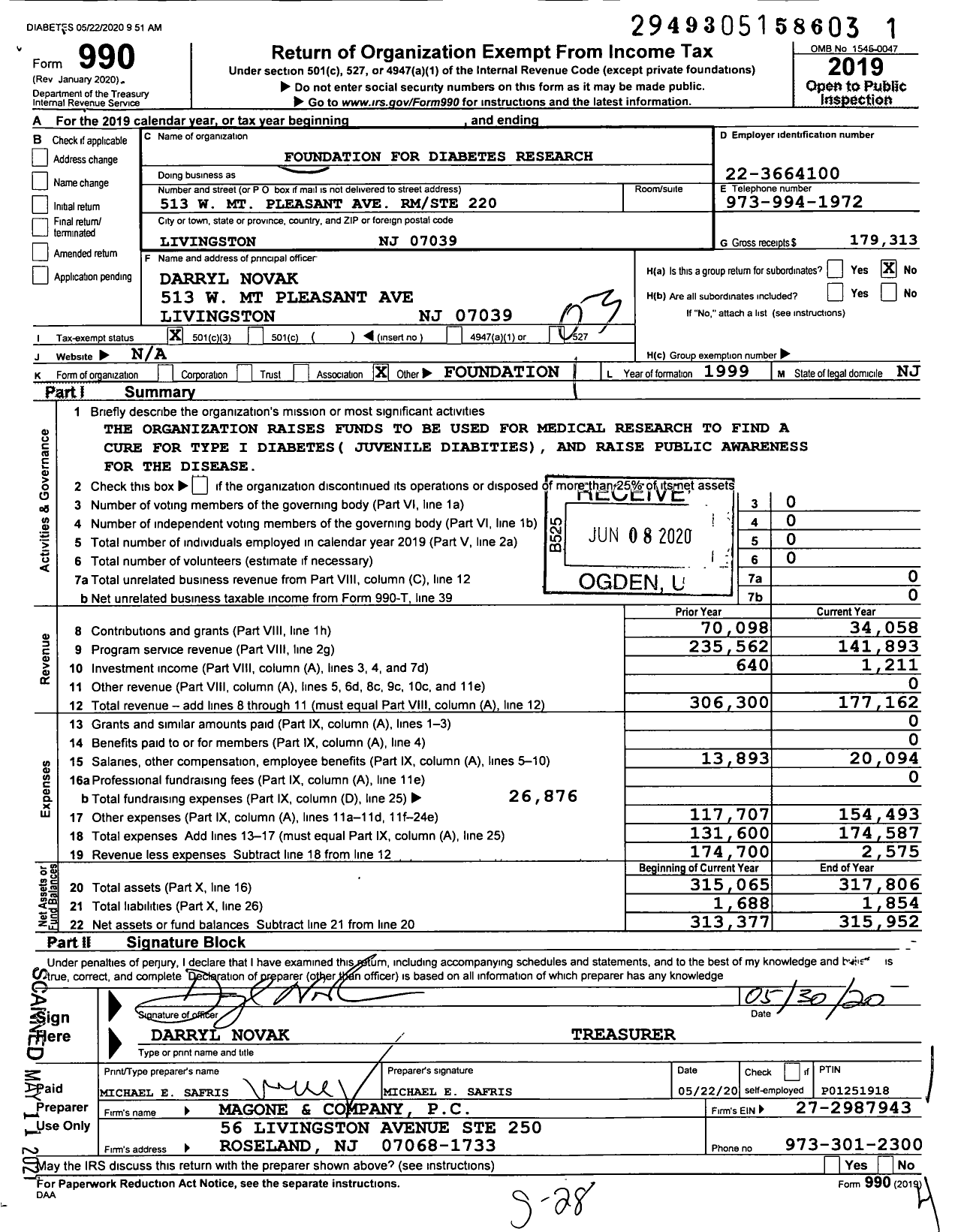 Image of first page of 2019 Form 990 for Foundation for Diabetes Research