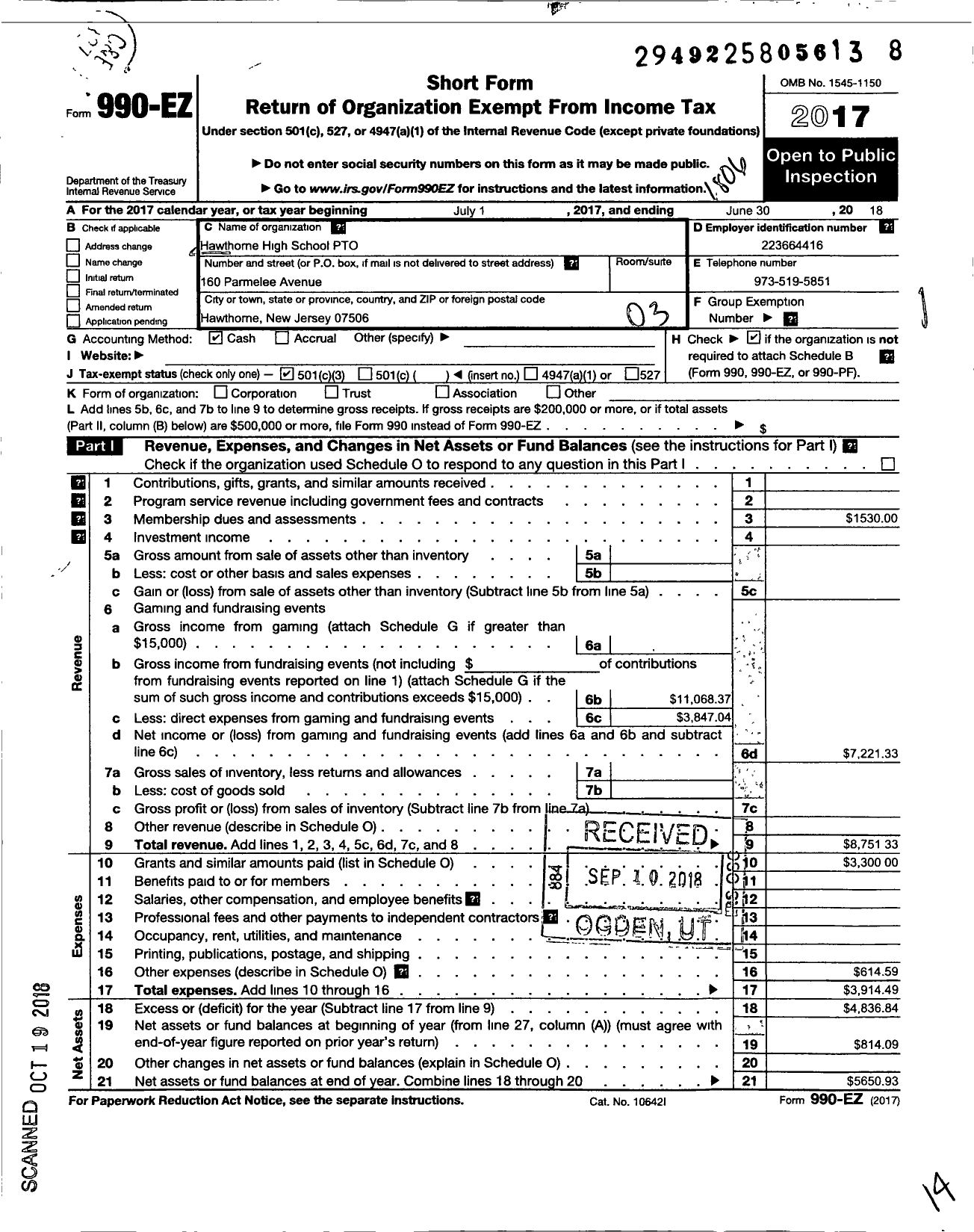 Image of first page of 2017 Form 990EZ for Hawthorne High School Pto