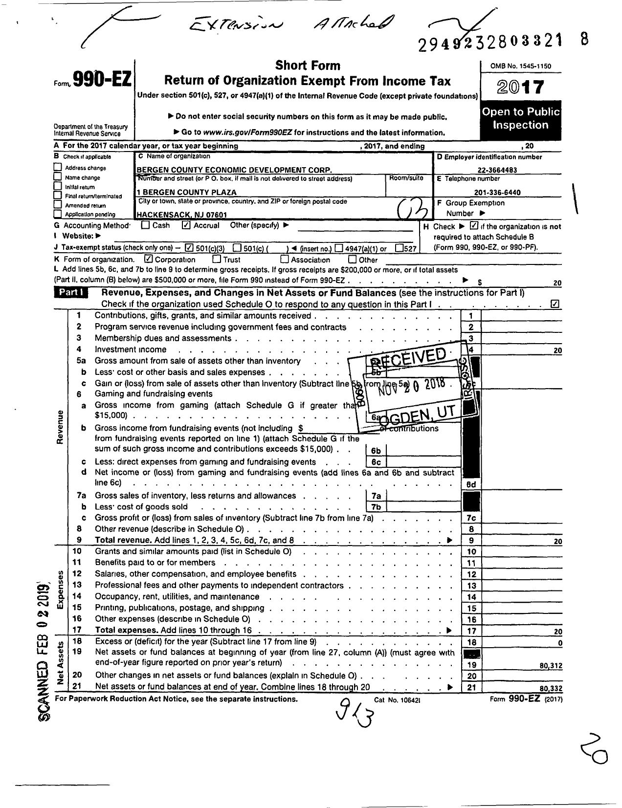 Image of first page of 2017 Form 990EZ for Bergen County Economic Developement