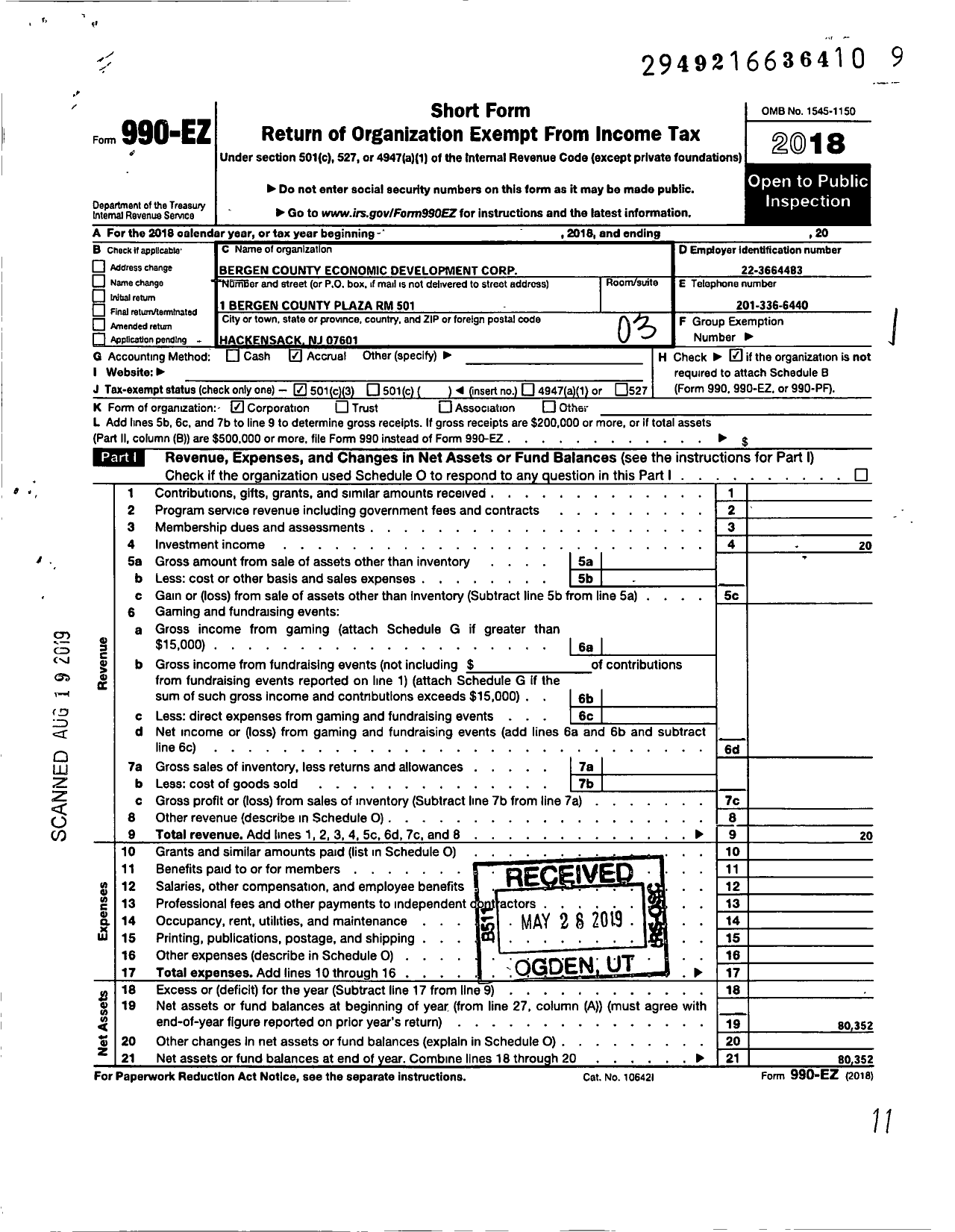 Image of first page of 2018 Form 990EZ for Bergen County Economic Developement