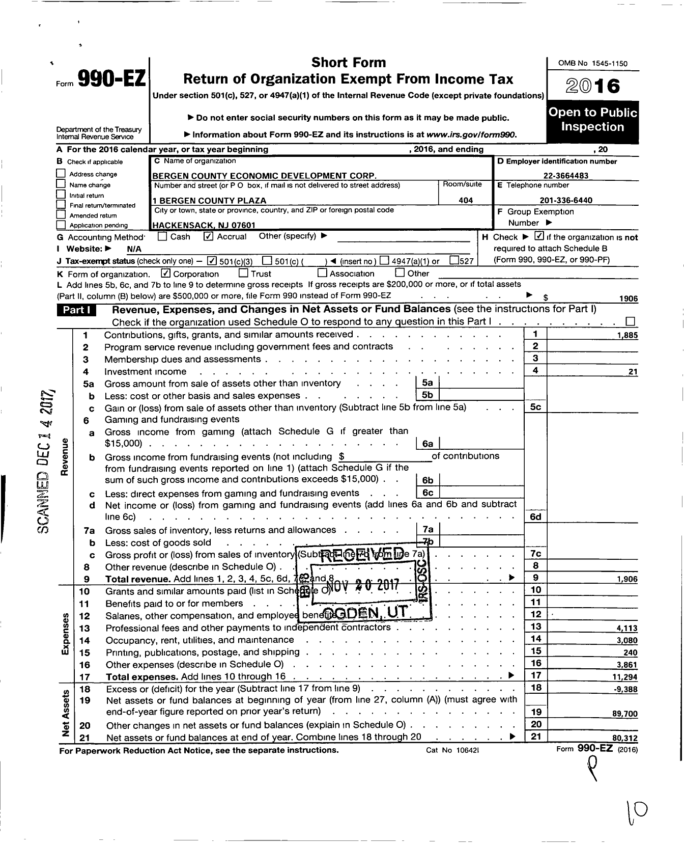 Image of first page of 2016 Form 990EZ for Bergen County Economic Developement