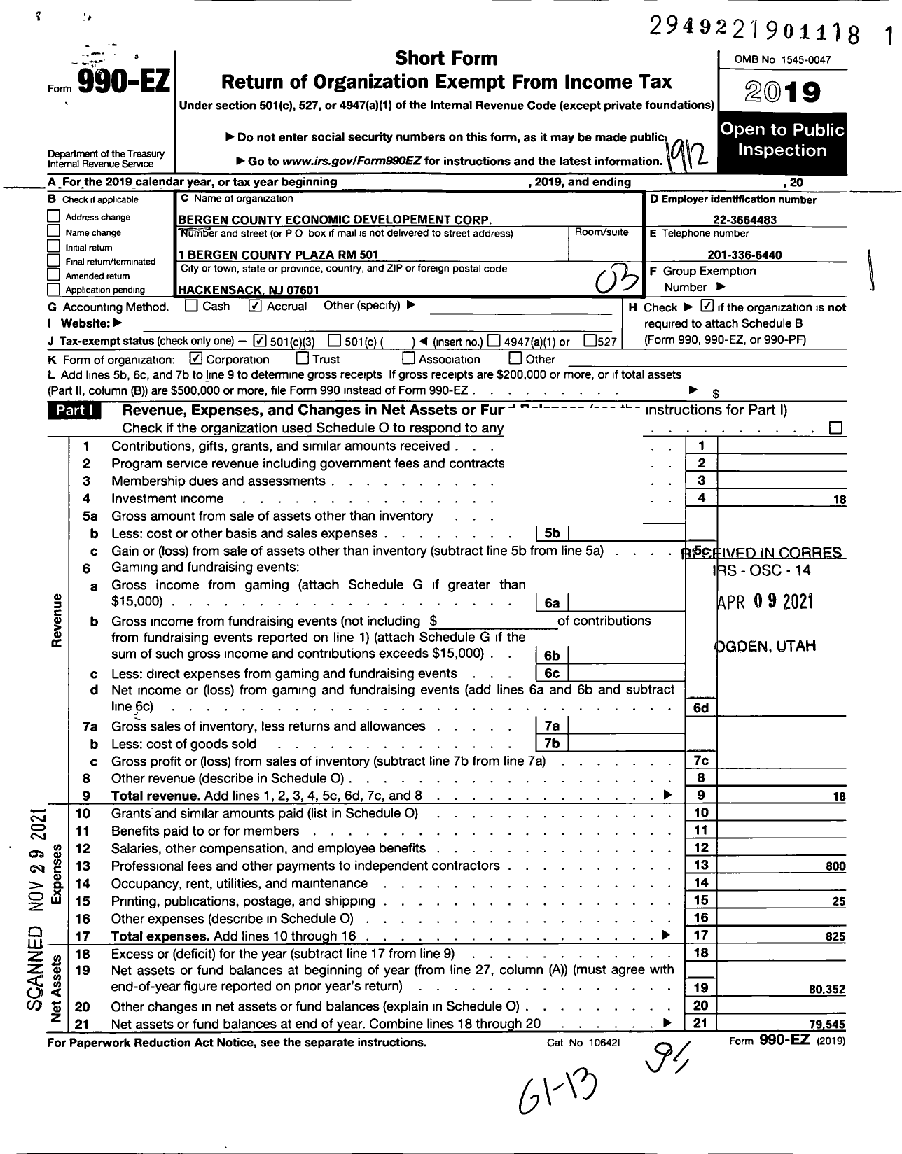 Image of first page of 2019 Form 990EZ for Bergen County Economic Developement