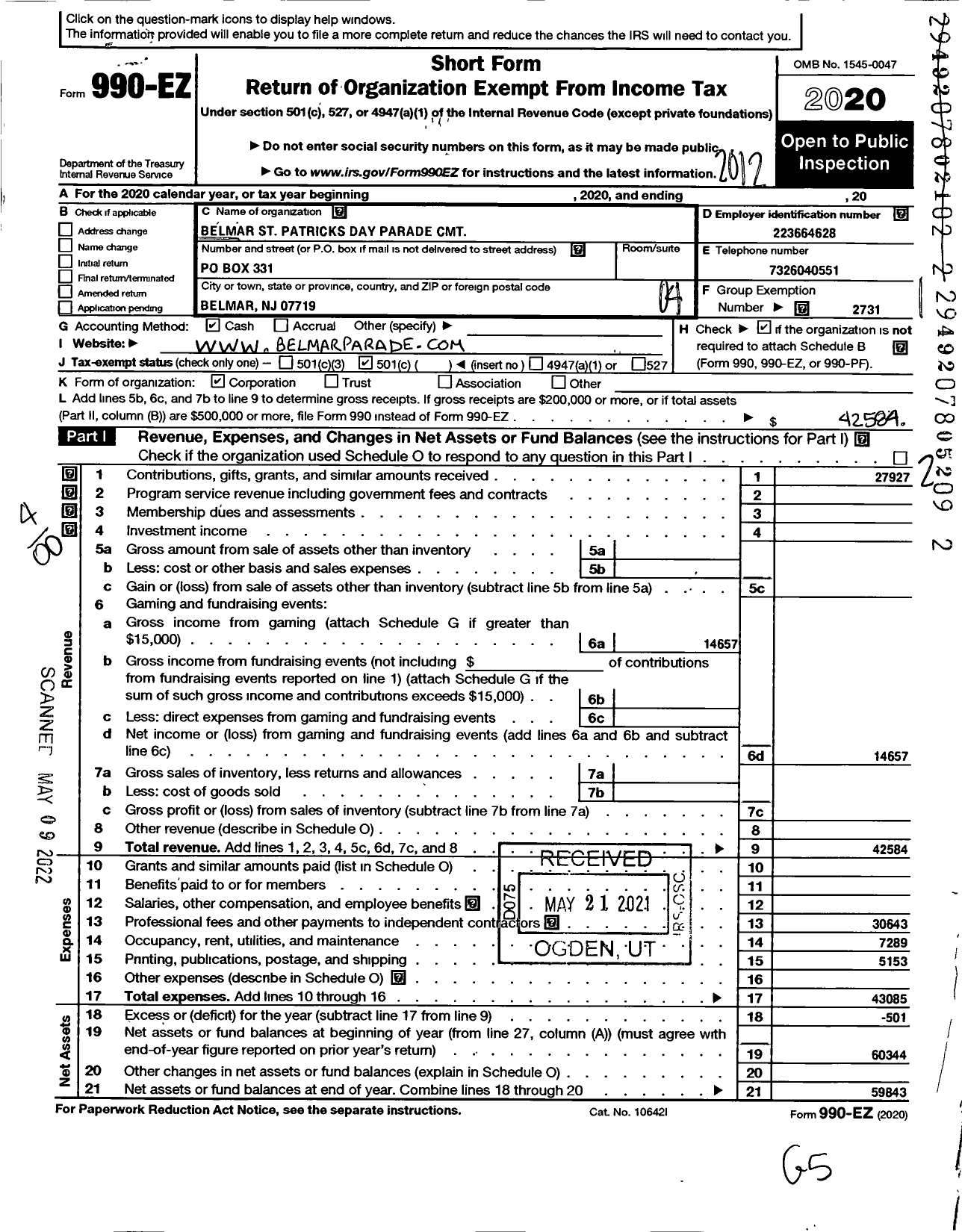 Image of first page of 2020 Form 990EO for Belmar St Patricks Day Parade Committee