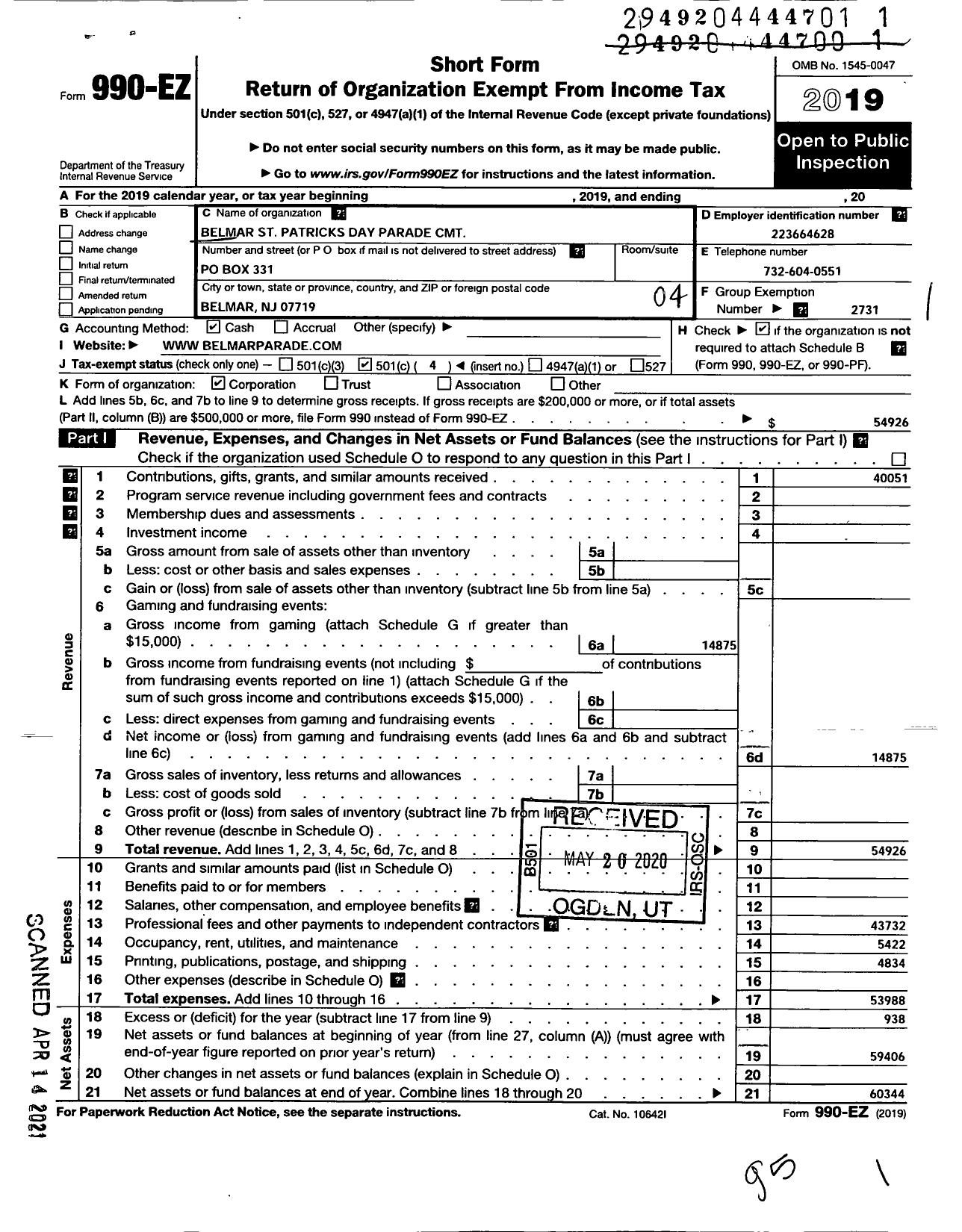 Image of first page of 2019 Form 990EO for Belmar St Patricks Day Parade Committee