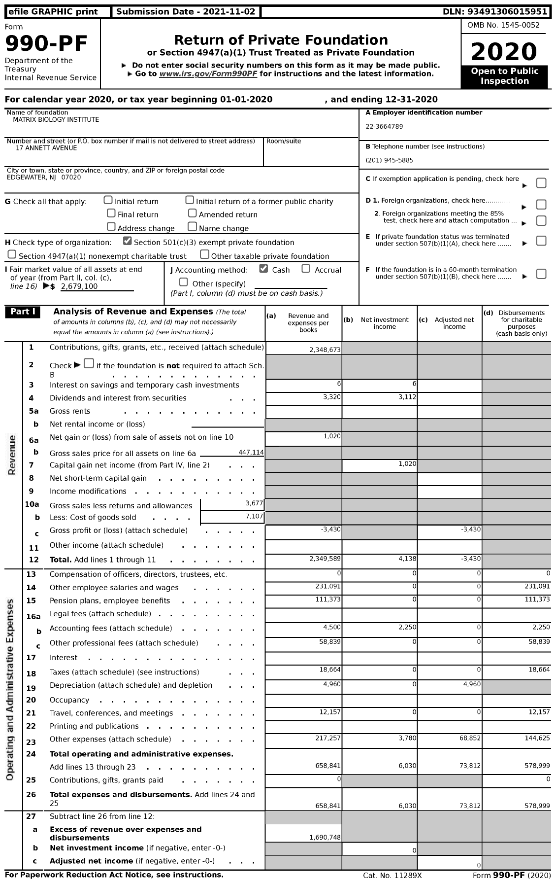 Image of first page of 2020 Form 990PF for Matrix Biology Institute