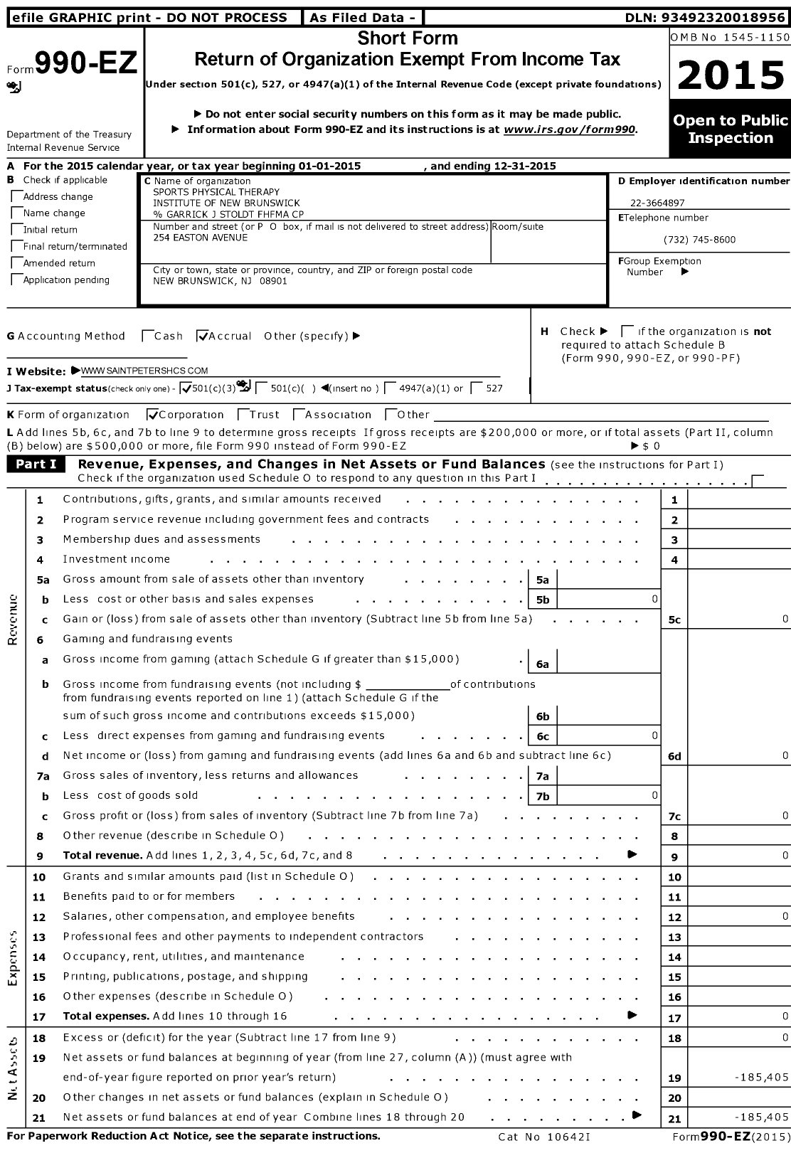 Image of first page of 2015 Form 990EZ for Sports Physical Therapy Institute of New Brunswick