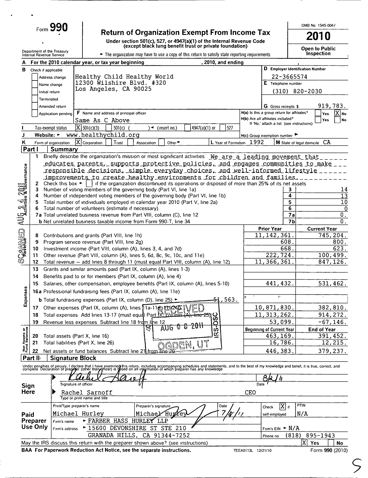 Image of first page of 2010 Form 990 for Healthy Child Healthy World