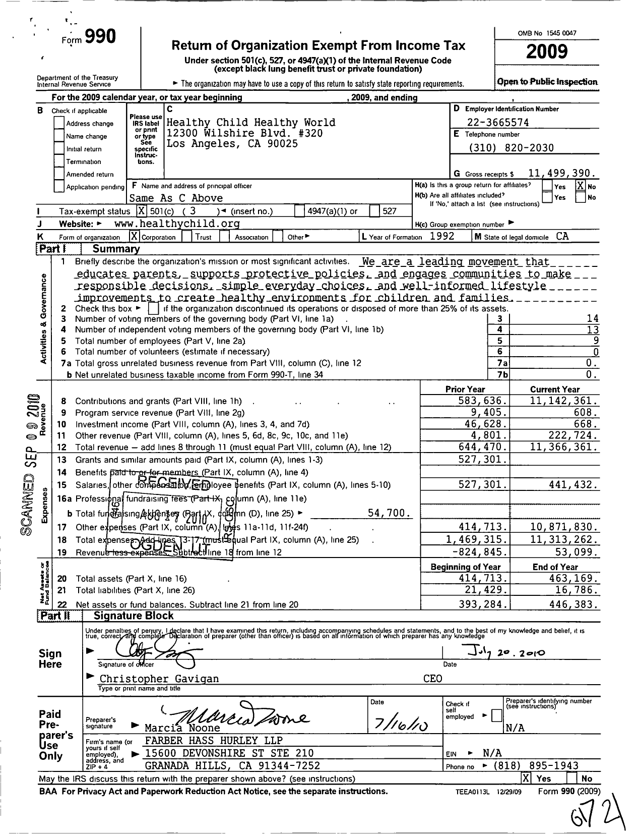 Image of first page of 2009 Form 990 for Healthy Child Healthy World