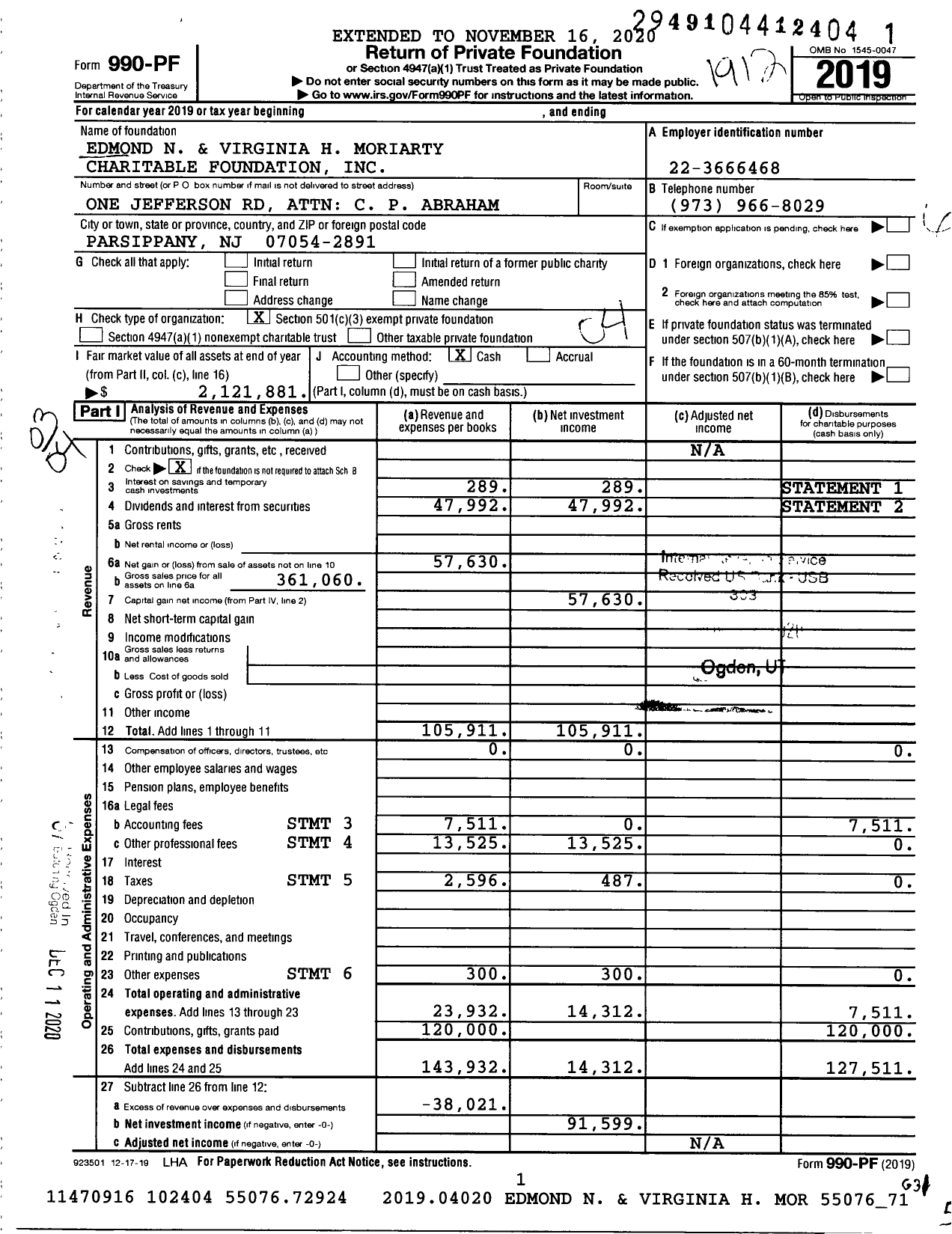 Image of first page of 2019 Form 990PF for Edmond N and Virginia H Moriarty Charitable Foundation